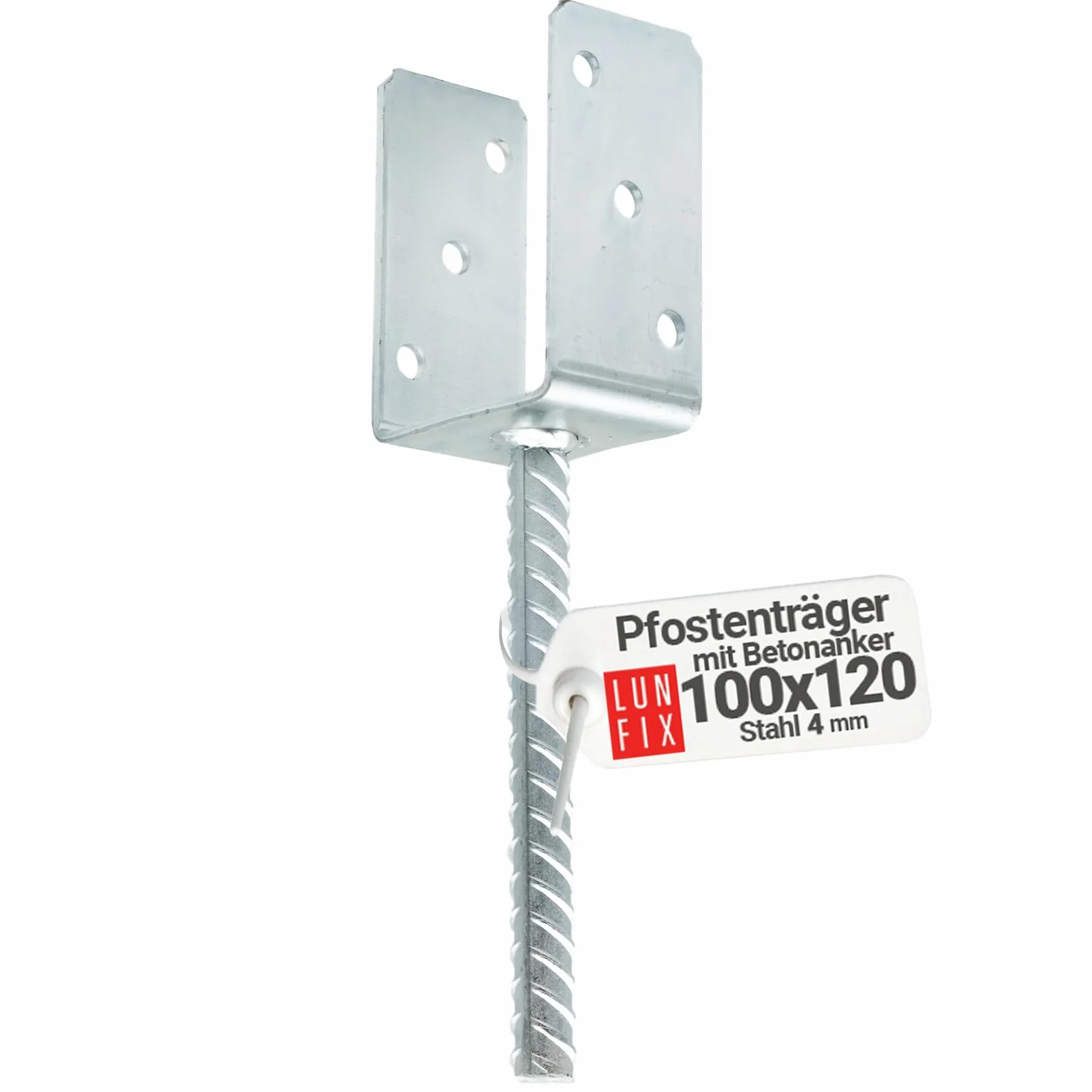 Attacco per palo da 100 mm, supporto per pali a forma di U con ancoraggio in calcestruzzo, altezza 195 mm, altezza lato U 120 mm, acciaio da 4 mm, zincato a caldo