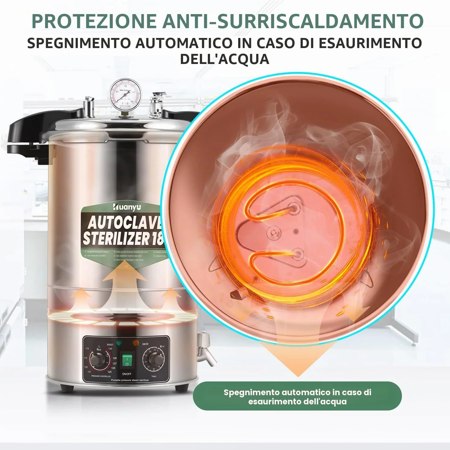 Huanyu 18L Autoclave Sterilizzatore Autoclave a vapore regolabile in temperatura e tempo Autoclavi elettriche da laboratorio Sterilizzatore a vapore ad alta pressione
