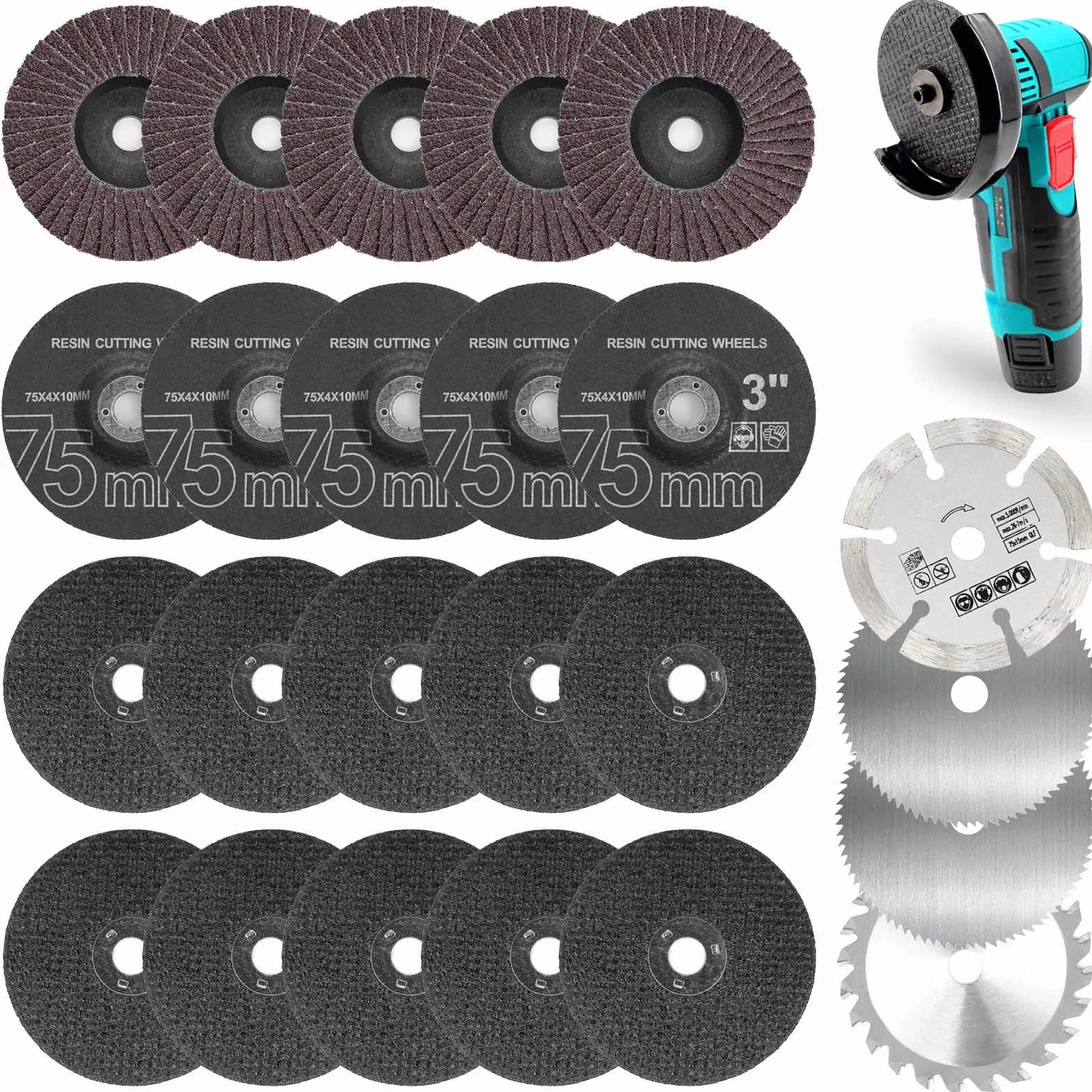 24 pezzi Dischi da Taglio 75mm per Smerigliatrice Angolare – Dischi Abrasivi, Polishing, Mezzatura per Metallo, Legno e Plastica, Accessori con Foro da 10mm
