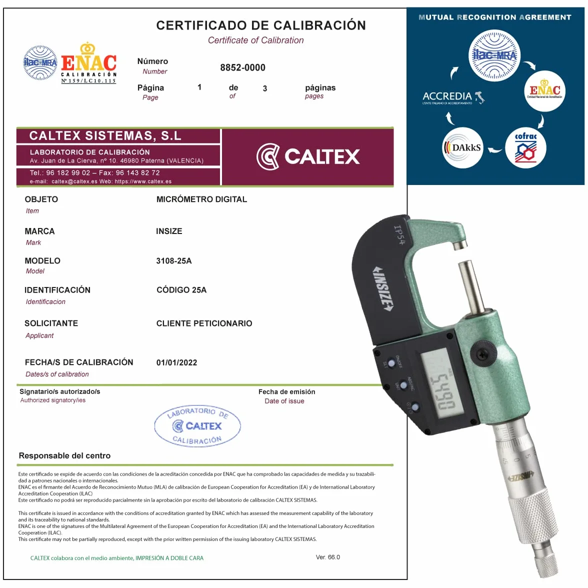 Micrometro tarato INSIZE 3108-25A con Certificato di Taratura Acreditato LAT (accettato da ACCREDIA)