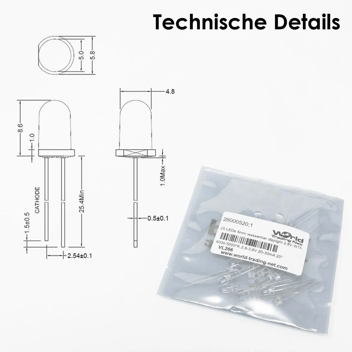1000 LED 5mm Luce Diurna Trasparente Tipo WTN-3-20000nw, diodo emettitore di Luce, cablato, diodo Luminoso, Come componente