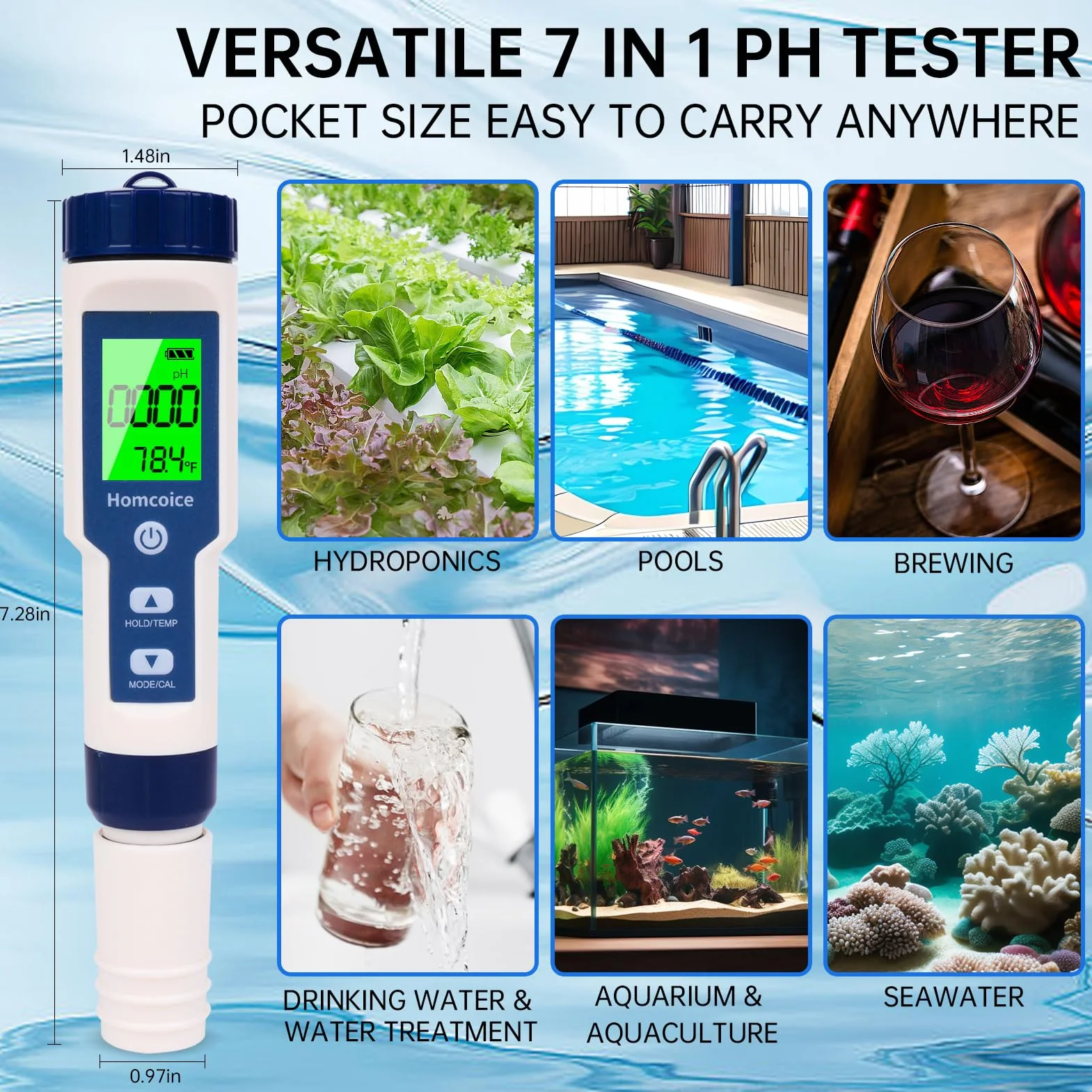 Misuratore pH digitale 7 in 1, professionale PH TDS EC SALT ORP S.G Temperatura Meter, Tester Qualità Acqua d'alta precisione per acquari, piscine, acqua potabile e idroponica