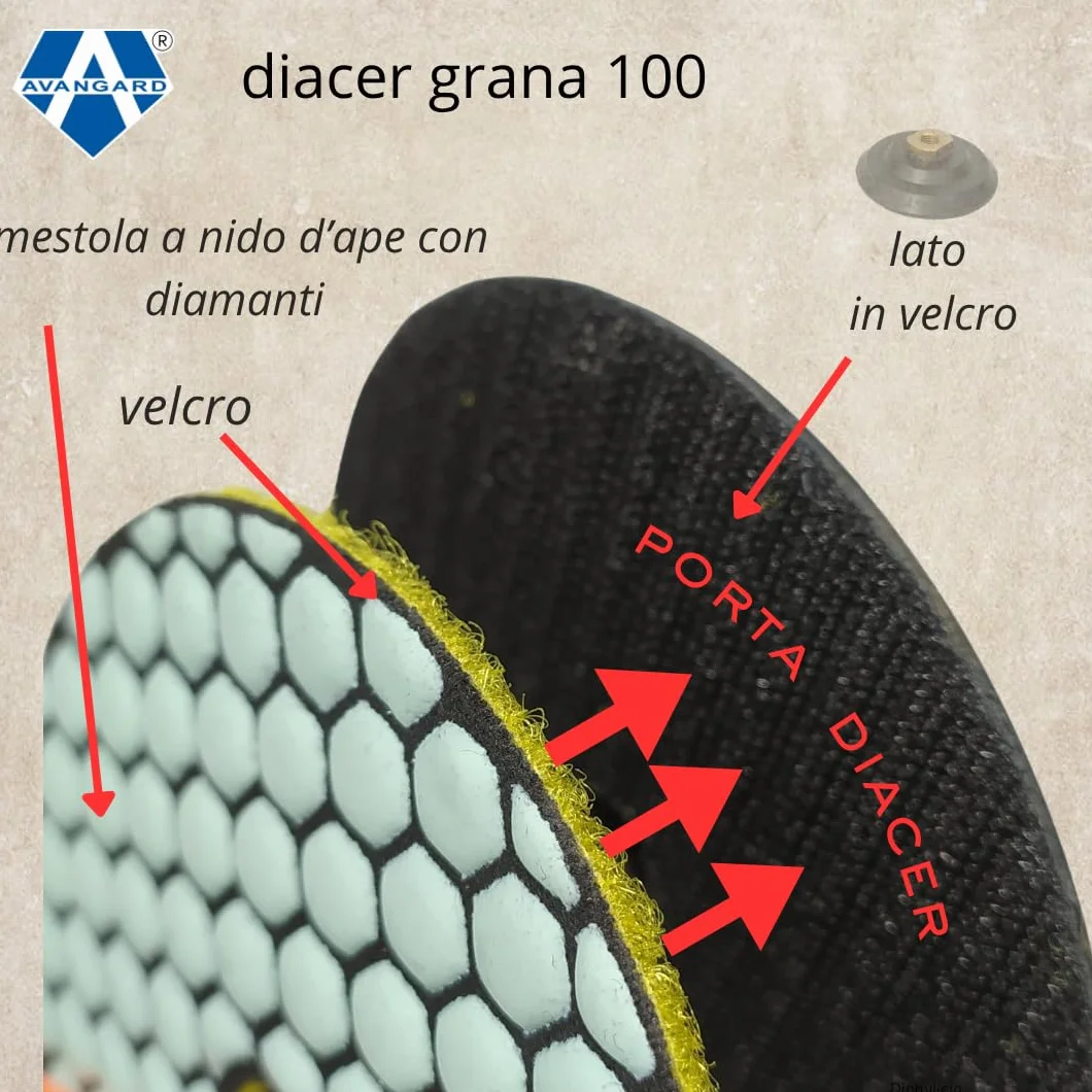 AVANGARD Disco diamantato articolo 671002 grana 100 con attacco in velcro per smussatura o finitura superfici in gres porcellanato,marmo o granito.