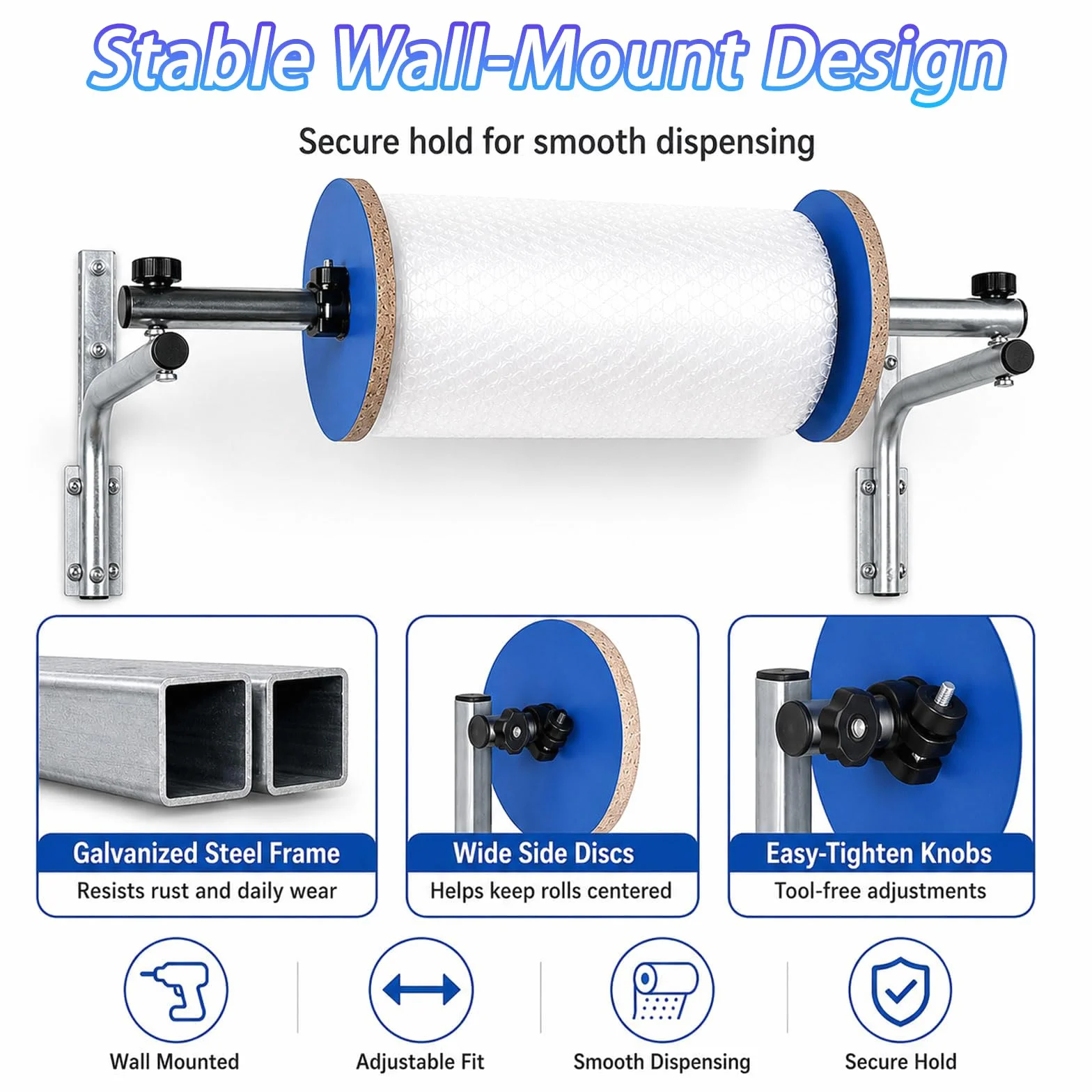 Dispenser per Rotolo di Pluriball, Supporto A Parete da 40 Cm, Adatto A Rotoli di Larghezza Massima 40 Cm, in Acciaio Zincato Rinforzato, Ideale per Imballaggio, Trasloco E Spedizione