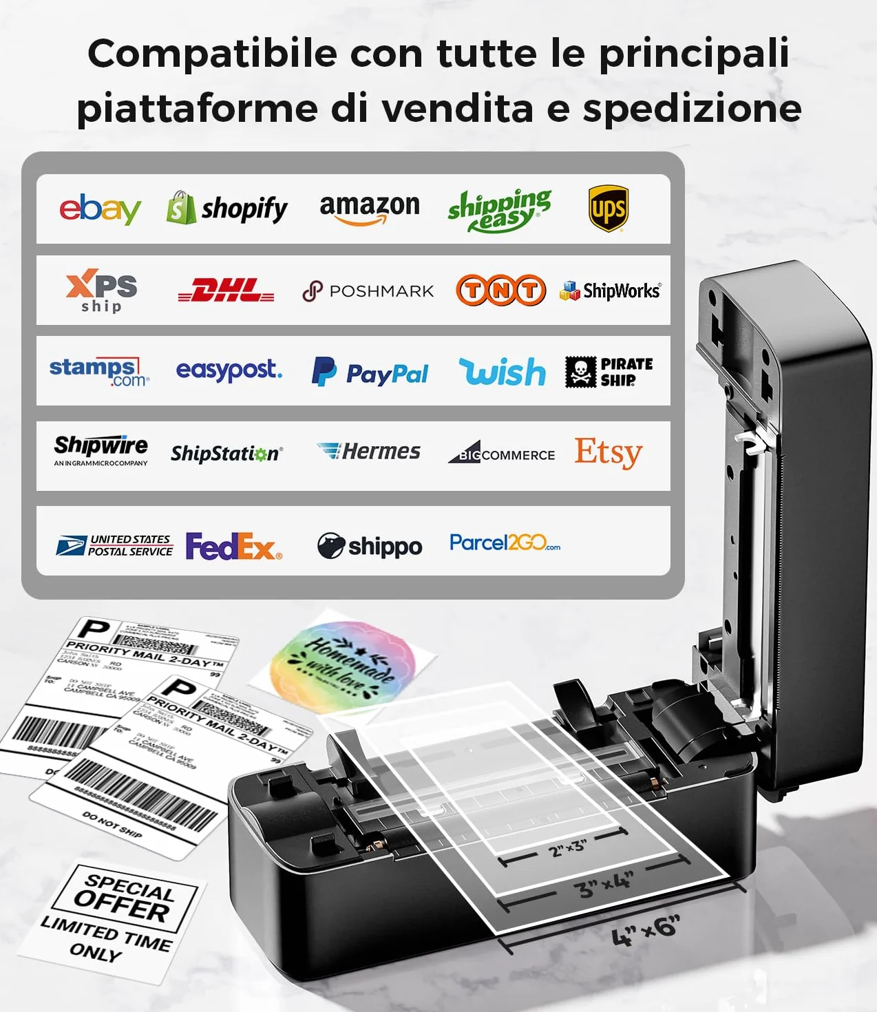 Phomemo Stampante per etichette Bluetooth, stampante termica DHL 4 x 6, etichettatrice Bluetooth Label Printer per codice a barre, Amazon, Etsy, Shopify, DHL, FedEx