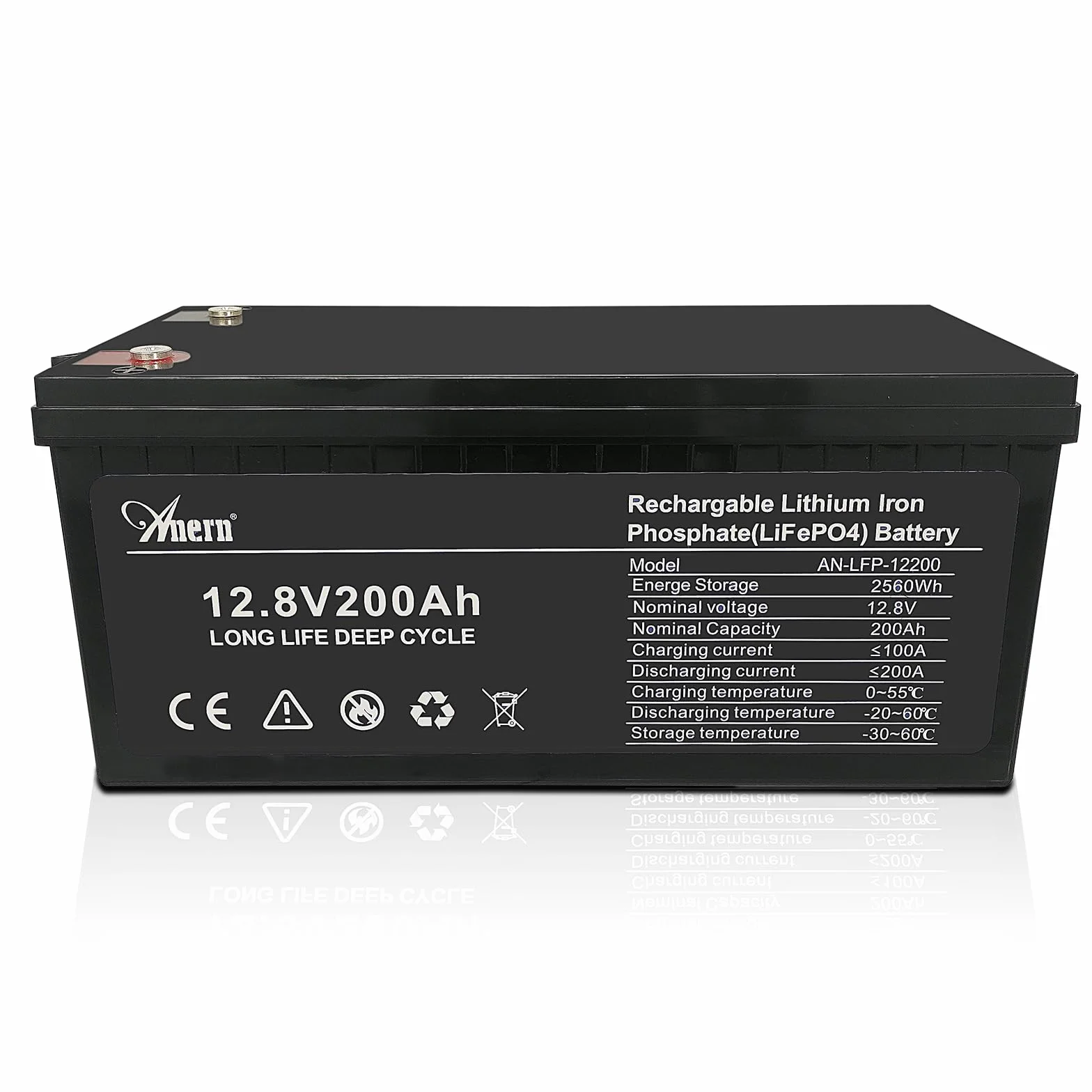 Anern Batteria Litio 12V 200Ah, Batteria Lifepo4 2560Wh con BMS 200A Fino a 15000 Cicli perfetto per il campeggio, l'accumulo di energia domestica solare, RV, Off-Grid