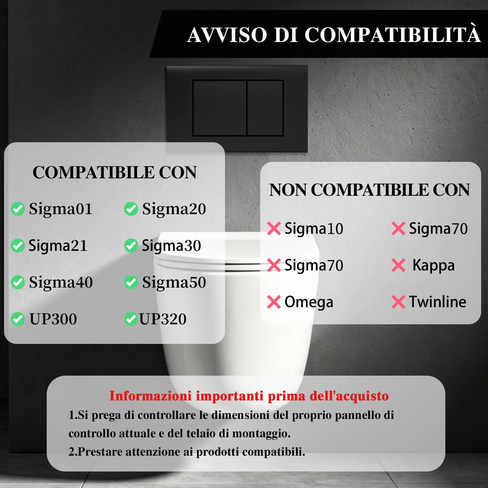 Placca di Comando WC Compatibile con Geberit Sigma Gamma UP300 UP320 246x164 mm Nero Opaco