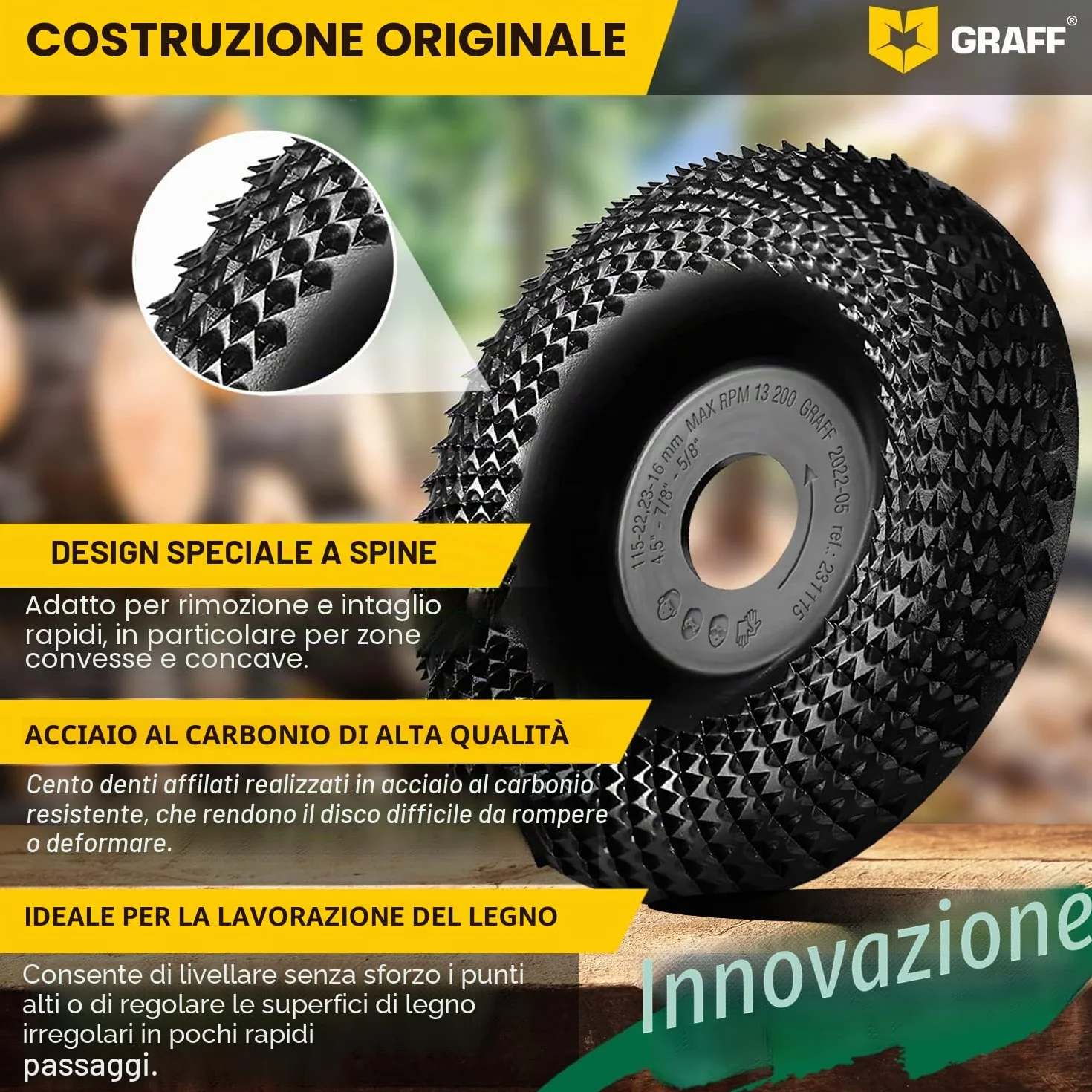 Intaglio Legno Mola Disco 115mm x 22.23mm – Disco Raspa per Intagliare e Levigatura Legno Conifere, Duro – Disco Abrasivo Lucidatura Modellatura – Mola per Smerigliatrice Angolare GRAFF