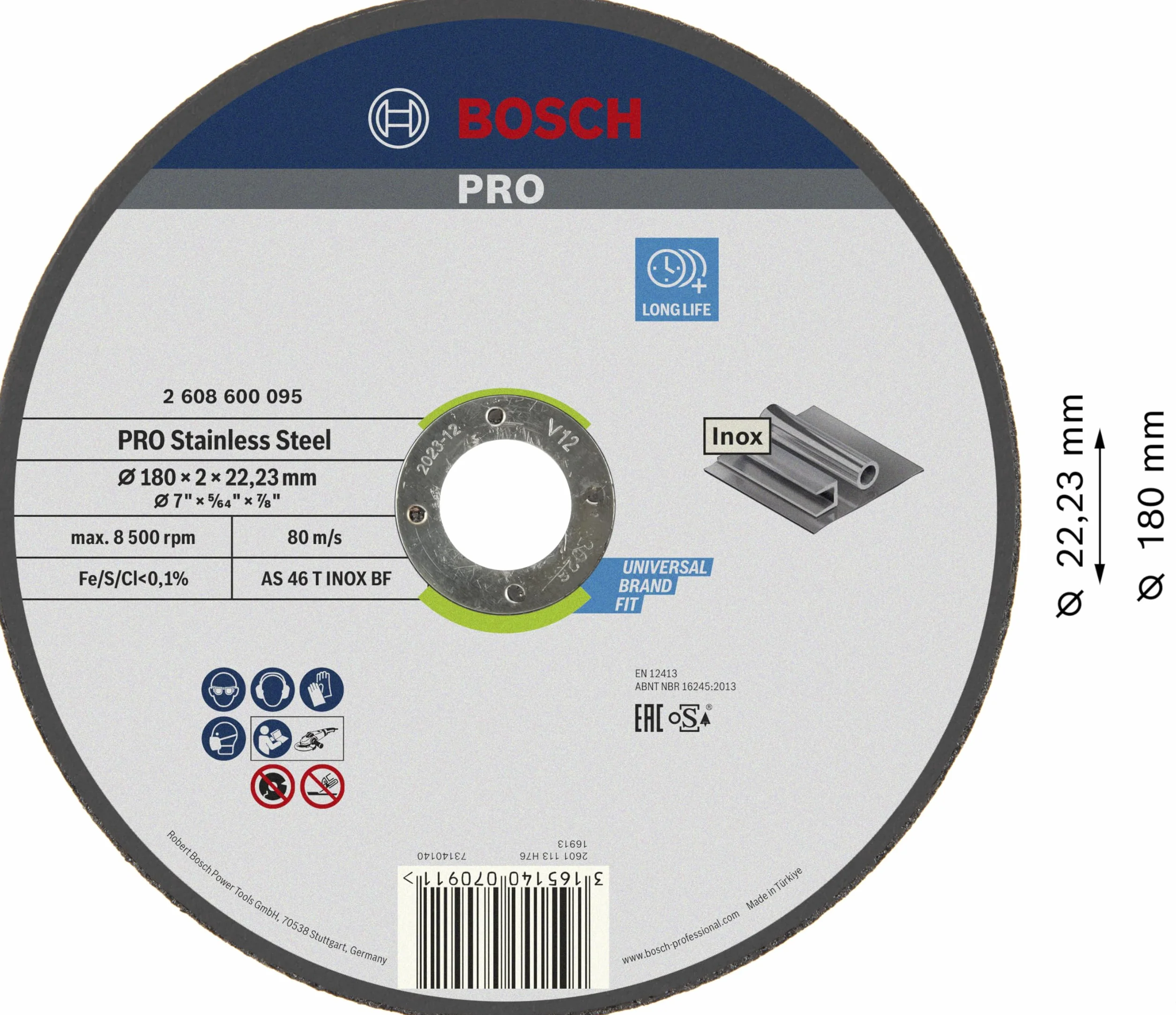 Bosch 1x Mola da taglio PRO Stainless Steel di lunga durata grandi, foro 22,23 mm (per Acciaio inossidabile, Ø 180 mm, Professional Accessorio Smerigliatrice angolare grande)