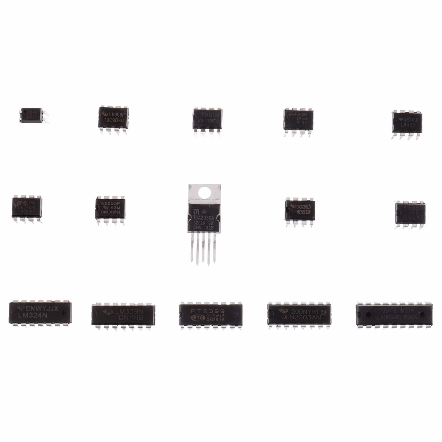 15 Valori 140 pezzi Timer Opamp Accoppiatore Darlington PC817 LM358P TDA2822 LM386 LM393 UA741CN NE555P TDA2030A NE5532P JRC4558D LM324N LM339N PT2399 ULN2003AN ULN2803APG IC Assortimento Kit