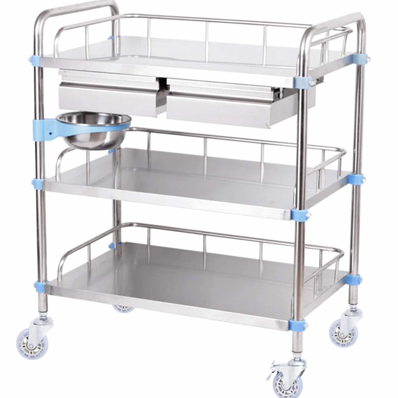 Carrello medico in acciaio inox 2/3 strati laboratorio attrezzature mediche carrello mobile veicolo di emergenza (dimensioni: 66 x 44 x 86 cm, colore: 3 strati di doppi cassetti)
