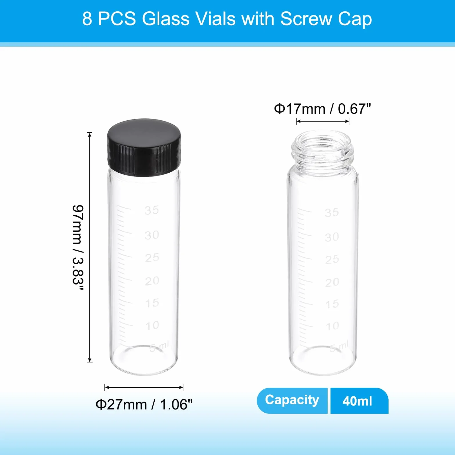 PATIKIL 8pz 40ml Piccoli Viali Vetro Trasparente con Tappo a Vite Nero, Bottiglie Campionamento Graduato Vetro Borosilicato Conservare Solidi Liquidi e Polveri