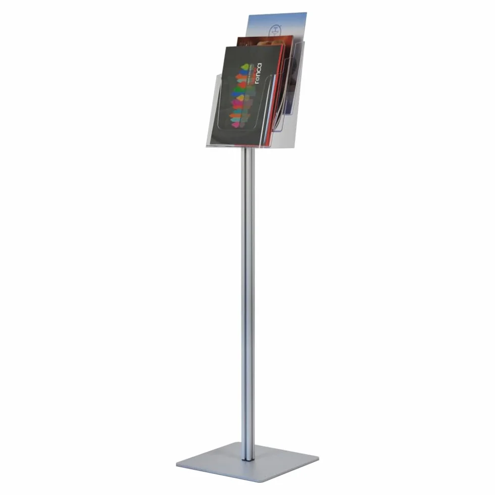 Espositore Portadepliant a Piantana 3 Tasche Plexiglass A4 Alluminio Base Metallica Antinciampo