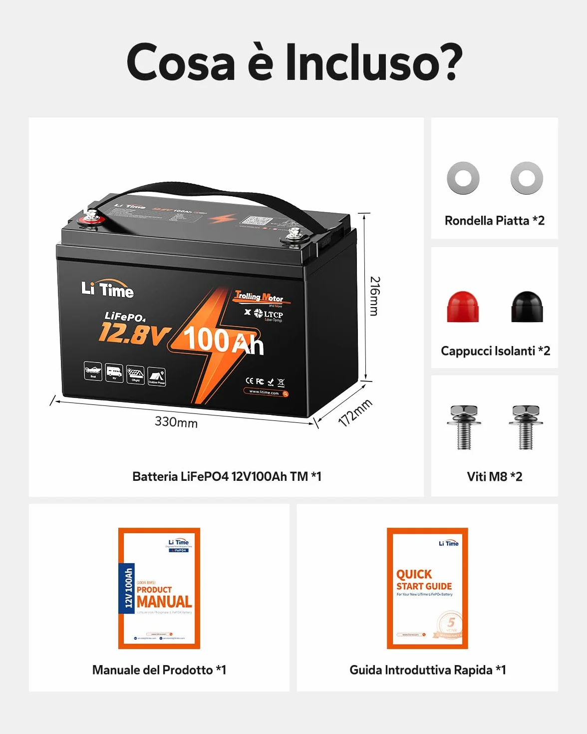 LiTime Batteria al Litio 12V 100Ah per Barche, Batteria LiFePO4 con Protezione Bassa Temperatura, 4000-15000 Cicli Profondi, Energia 1280Wh, Perfetta per Motori da Traina, Nautico, Yacht