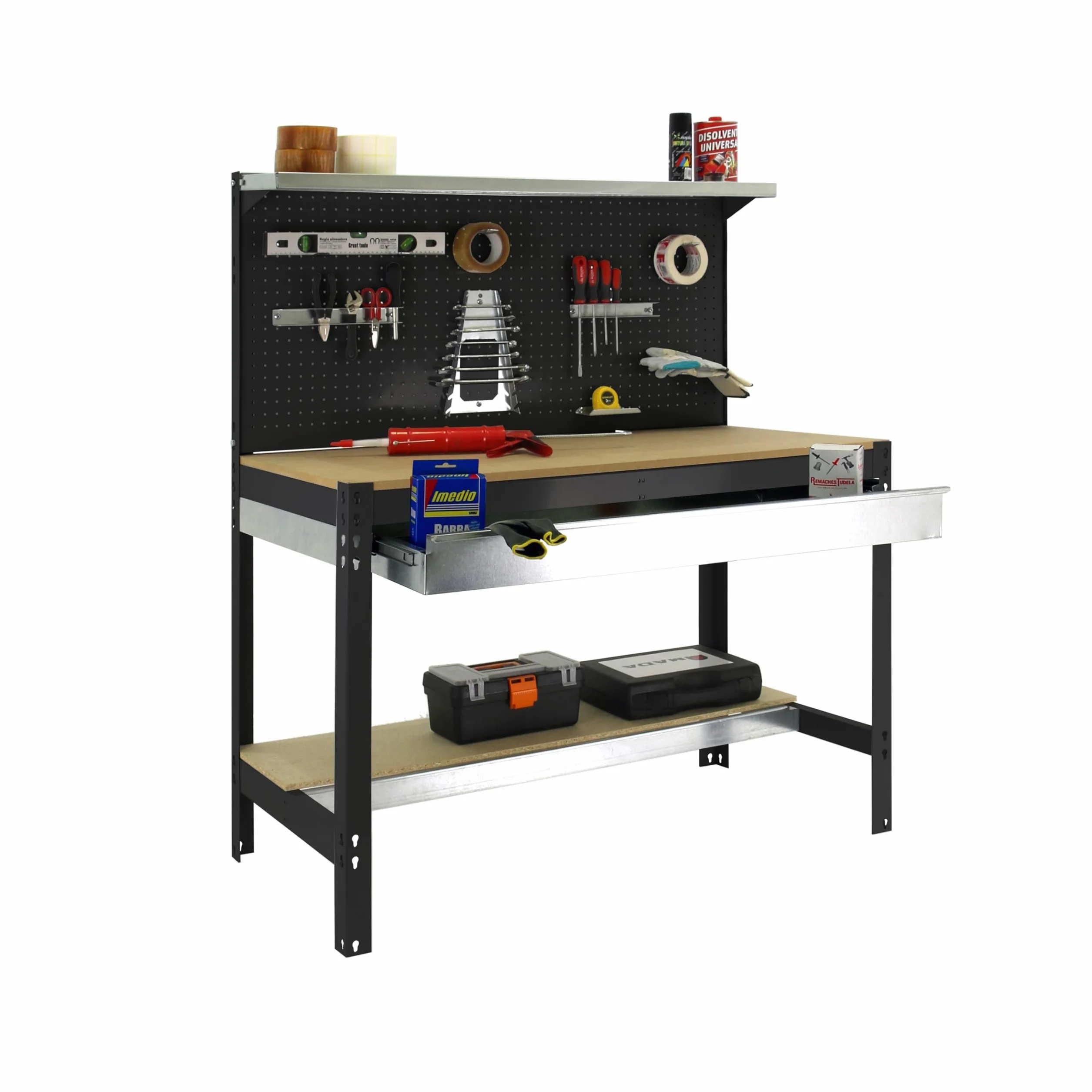Simon Rack Banco da lavoro con pannello forato e cassetto 910x610 mm - BT3 | Pannello forato e cassetto, Piano in legno 16 mm, Portata 400 kg, Vernice anticorrosione, Antracite