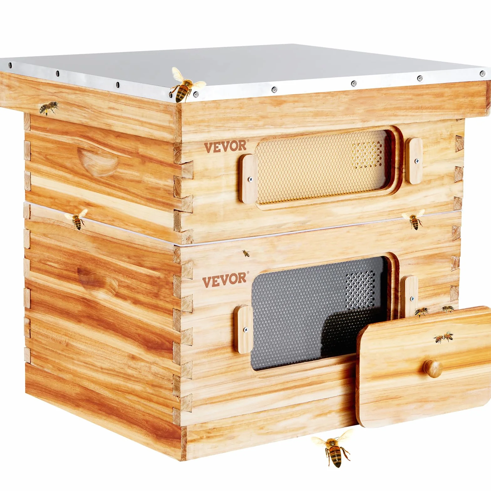 VEVOR Scatola Alveare, 20 favi, Alveare per lucioperca, Legno di cedro rivestito con cera d'api, 1 Scatola per api profonda + 1 Media, Set di alveari Langstroth, Finestre in acrilico trasparente