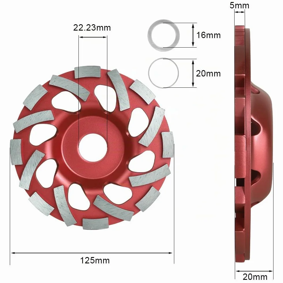 Mola a Tazza Diamantata Disco Diamantato 125 x 22,23 mm, Disco Abrasivo Diamantato per levigare Cemento Mattoni Muratura Granito Pietra Intonaco Gesso Qualità Industriale (Rosso)