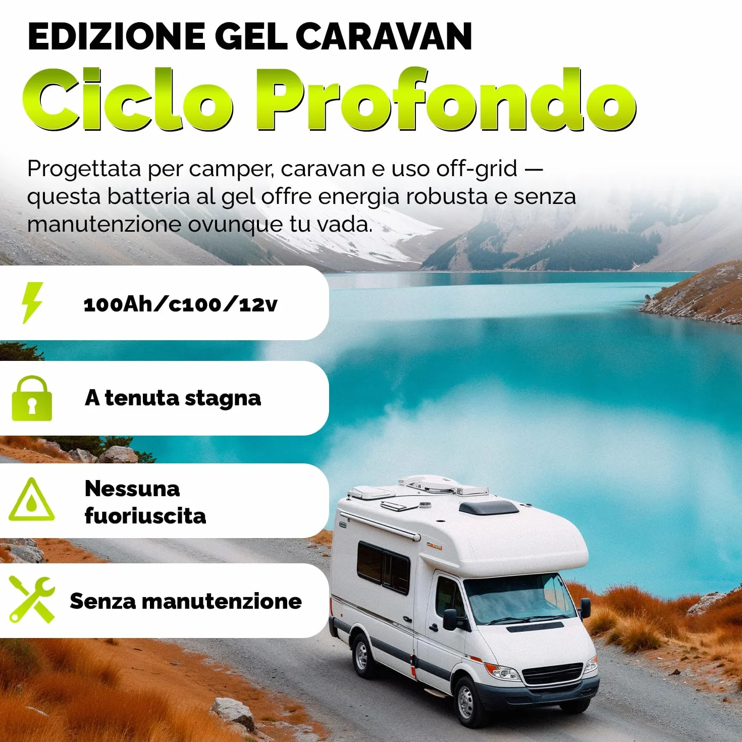 Batteria GEL 12V 100Ah Ciclo Profondo – Batteria Senza Manutenzione per Camper, Caravan, Barca, Casetta da Giardino, Sistemi Solari Off-Grid – Electronicx Caravan Edition