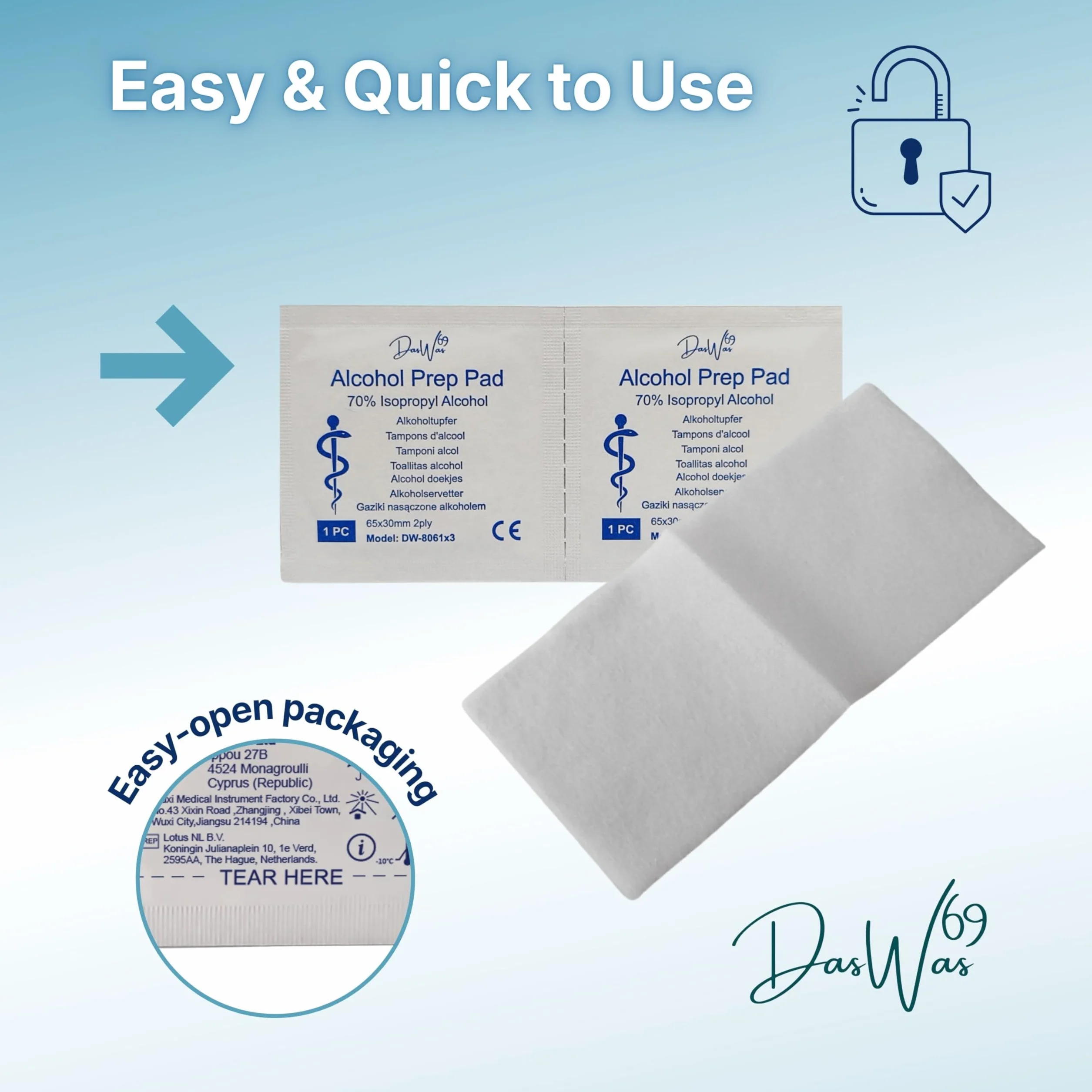DasWas Salviette Disinfettanti 70% Isopropilico 300 Alcohol Pads Uso Medico 65x30 mm