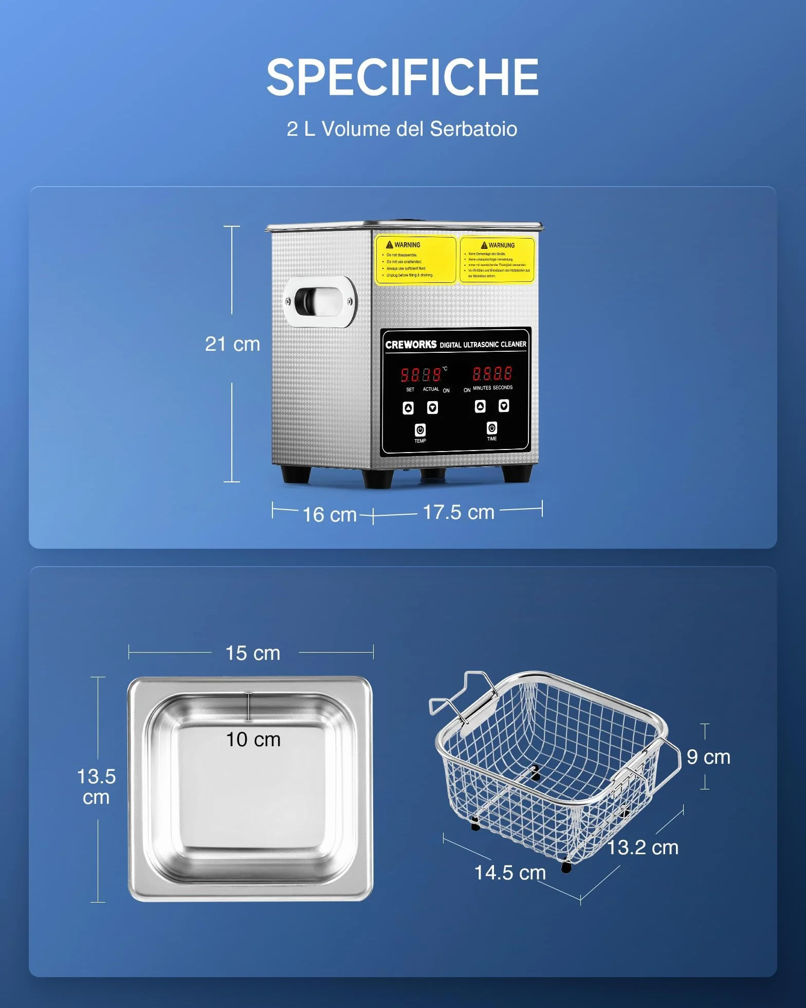 CREWORKS Pulitore a Ultrasuoni 2L Professionale, Lavatrice Ultrasuoni 60W con Riscaldatore 100W e Timer Digitale, Vasca Ultrasuoni in Acciaio Inox SUS304 per Gioielli, Occhiali, Protesi, Monete