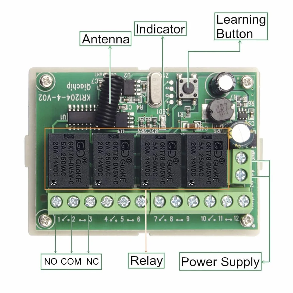 QIACHIP Interruttore di controllo remoto wireless DC 12V 24V 4CH 10A Ricevitore relè a radiocomando a 4 canali 433Mhz con 4 trasmettitori RF, per luci, porta del garage, motore