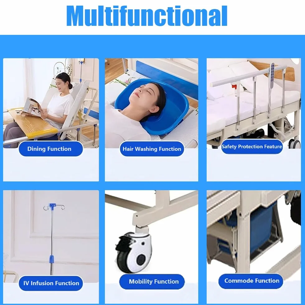 Letto ospedaliero elettrico Premium per terapia intensiva, inclinazione laterale, letto medico elettrico con materasso e asta portaflebo, tavolo da pranzo e ruote da con freno (bed)