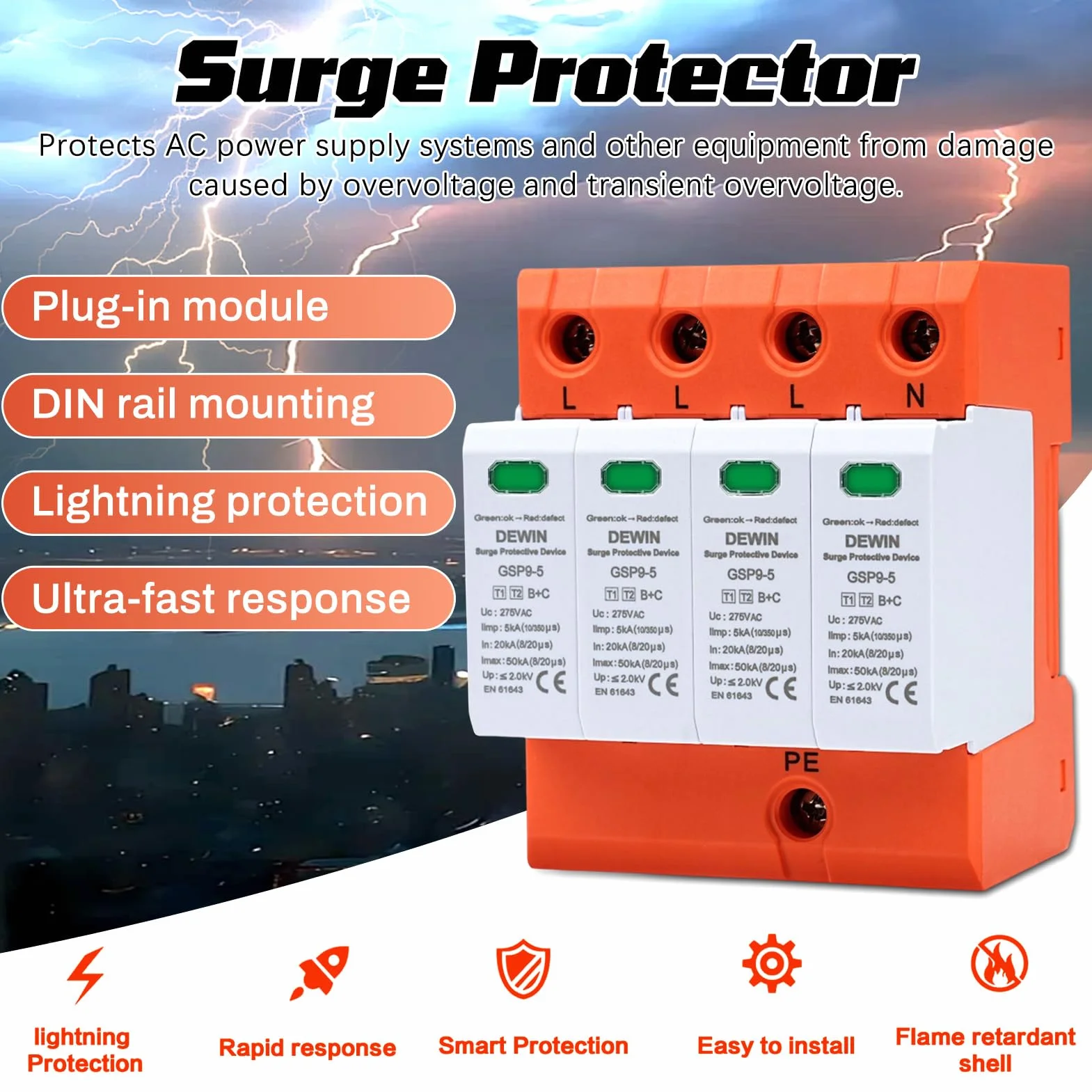 Scaricatore di Sovratensione Tipo 1+2 4P AC275V 20kA~50kA SPD Protezione Elettrica