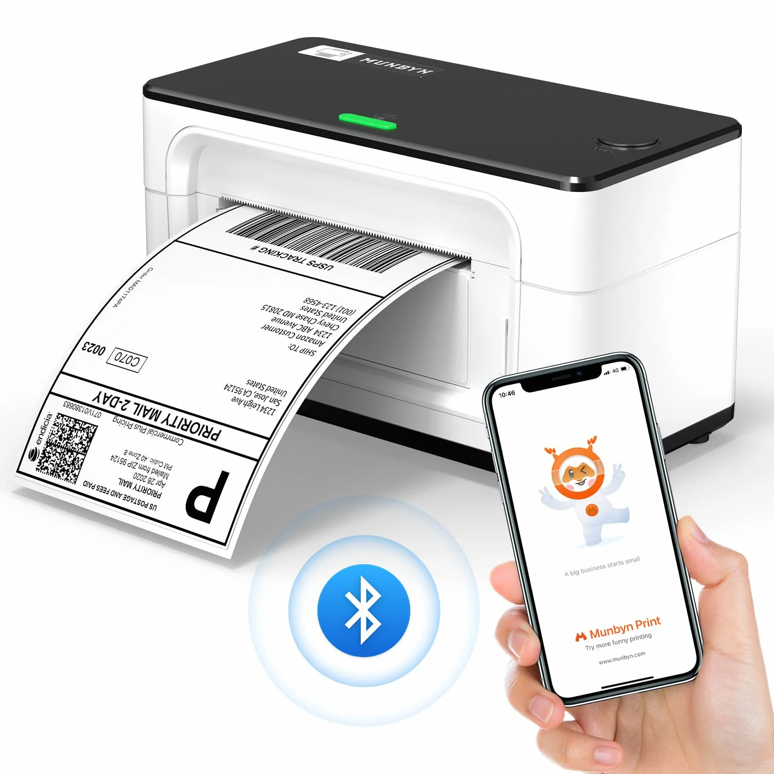 MUNBYN Stampante per etichette Bluetooth, stampante per etichette 4x6 DHL UPS GLS, stampante per etichette di spedizione, dispositivo di etichettatura per Amazon, Etsy, Shopify, 941B, bianco