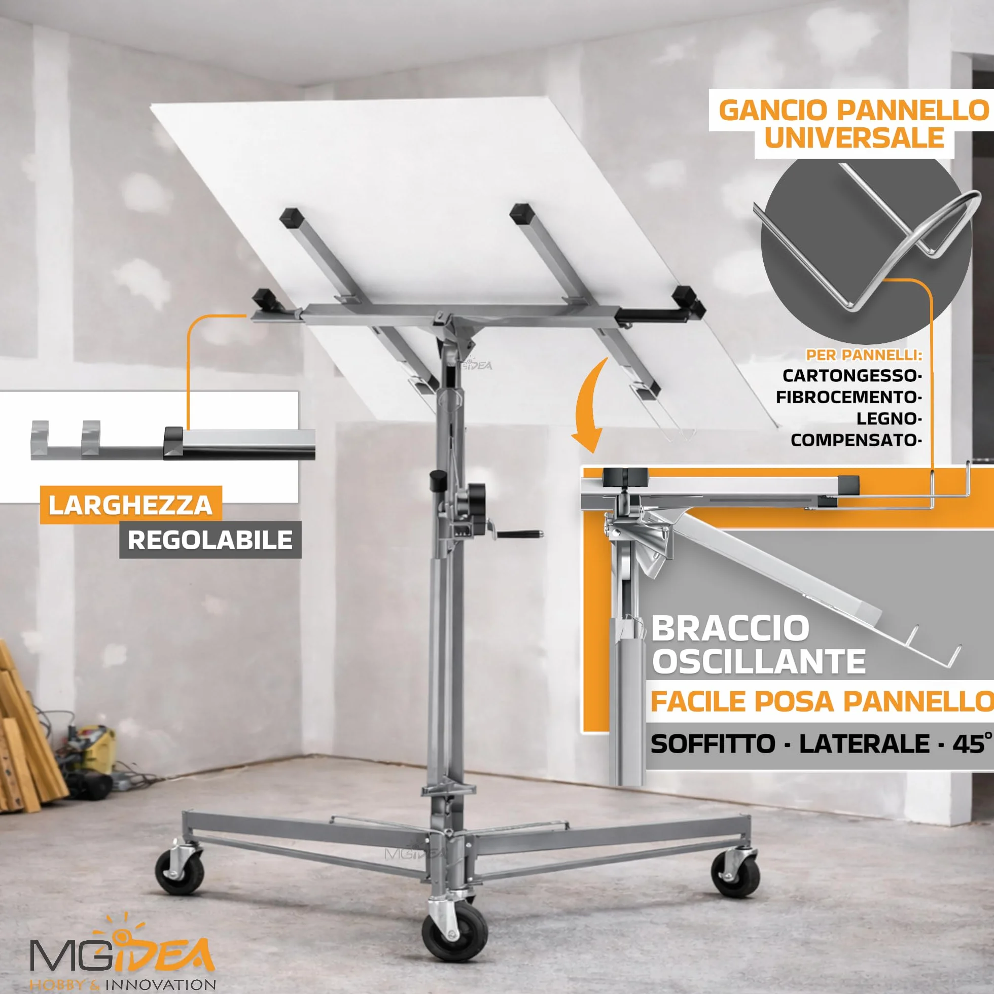 ALZA LASTRE SOLLEVATORE PANNELLI CARTONGESSO SUPPORTO REGOLABILE 68KG 3,5 M RICHIUDIBILE CON RUOTE BLOCCABILI ACCIAIO