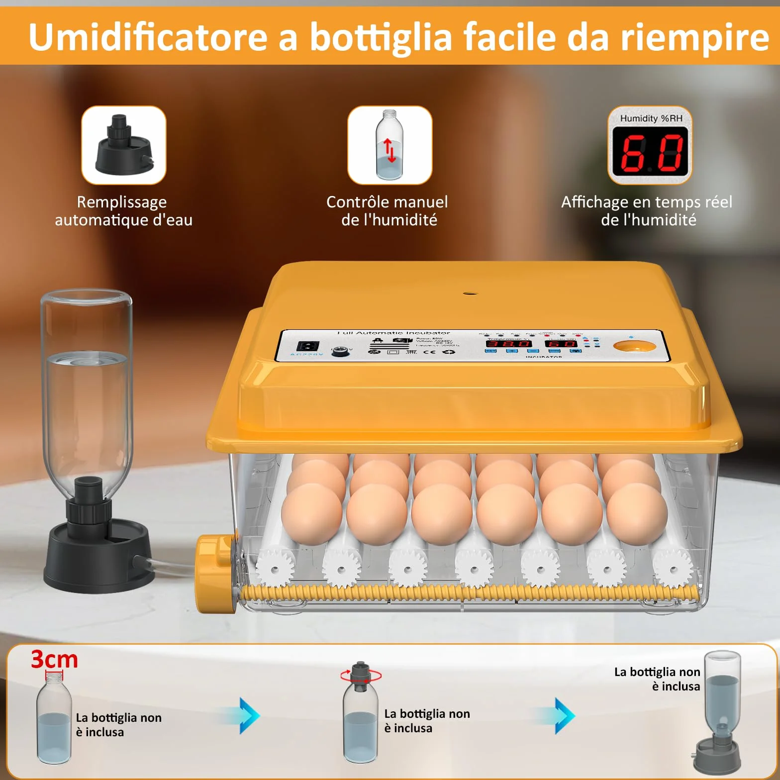 Incubatrice per Uova Automatica, Incubatrice per 36 Uova Gallina con Controllo Temperatura, 5 Modalità di Incubazione Automatica, Display Umidità, Riempimento Automatico dell'acqua e Girando