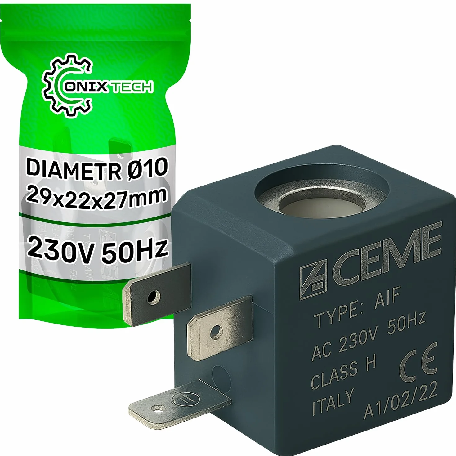 Bobina Tipo AIF per Elettrovalvola 230V 50Hz con Diametro del Foro Ø 10 mm e Dimensioni 29x22x27 mm - ONIX TECH