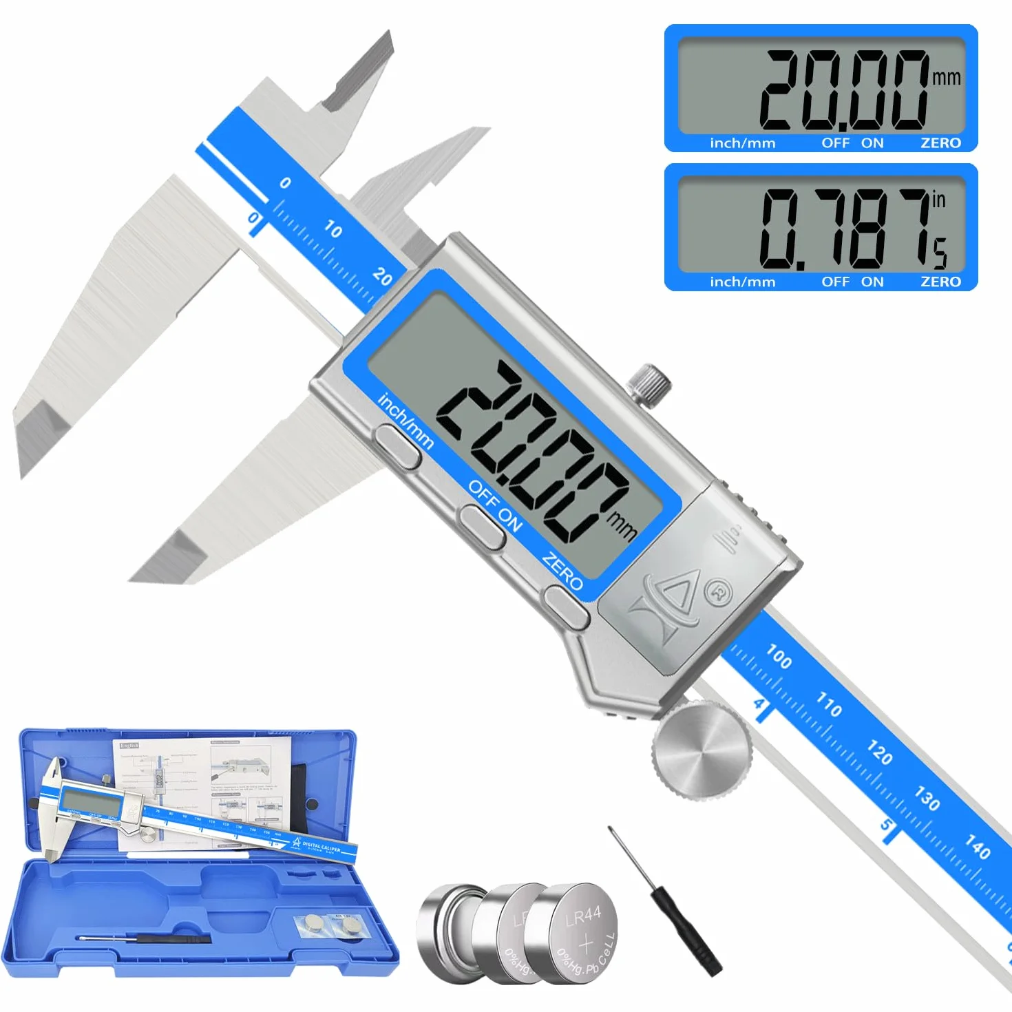 Calibro Digitale,Precisione Calibri In Acciaio Inox 150mm Con Ampio Display Lcd Calibro Digitale Per Misurazione Esterne,Interne,Profondità e Di Passo,3 Batterie,Spegnimento Automatico