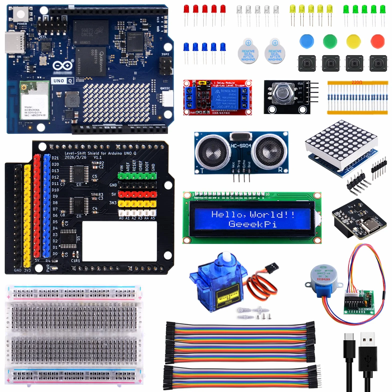 GeeekPi 5V GPIO Starter Kit for Arduino UNO Q, Complete Electronics Prototyping Kit with UNO Q 4GB RAM Board, Level-Shift Shield, LCD1602, Sensors, Servo & Components