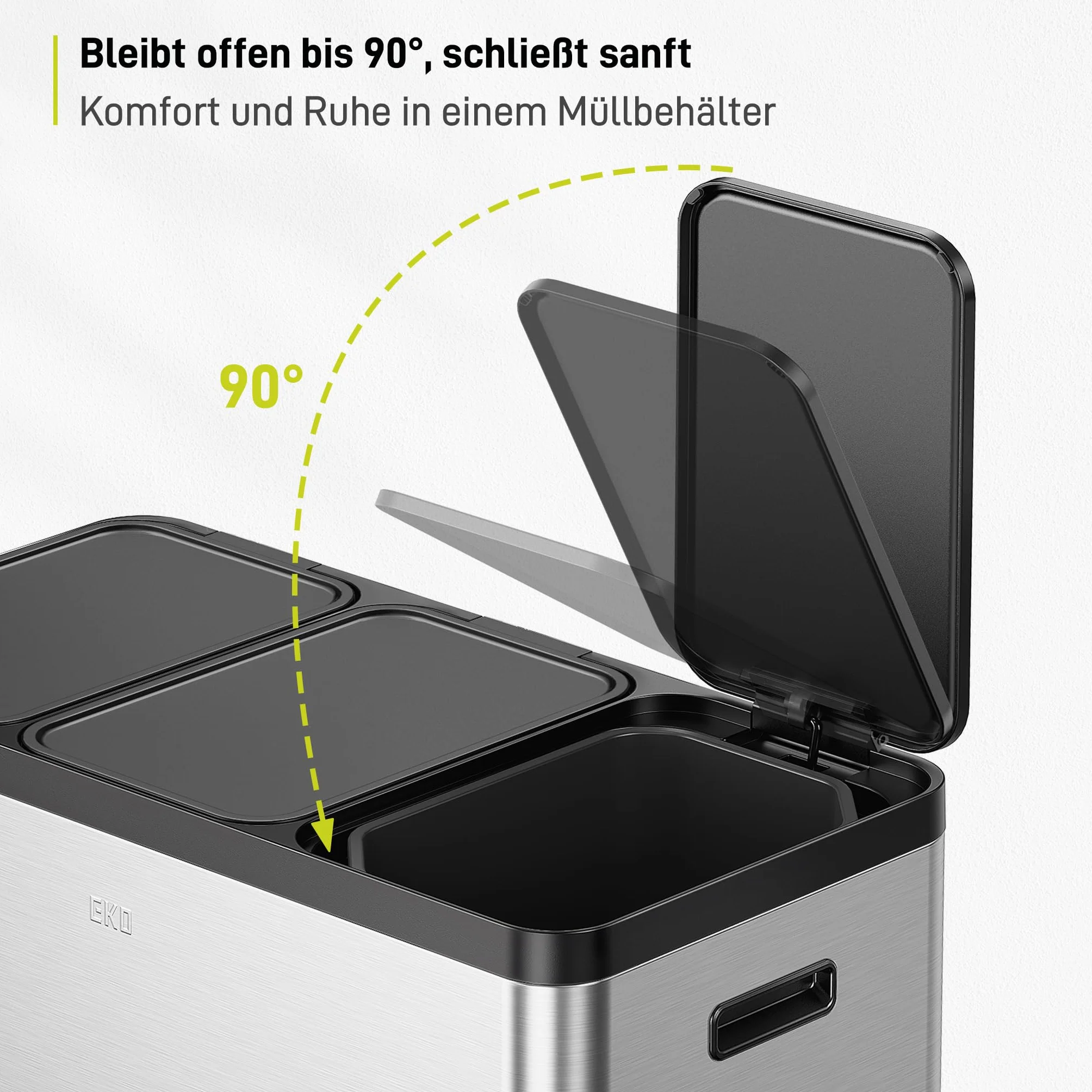 EKO Essential - Pattumiera a 3 scomparti, 3 x 20 litri, sistema di raccolta differenziata, con 20 sacchi della spazzatura, con coperchio, chiusura delicata e ermetica, in acciaio inox spazzolato