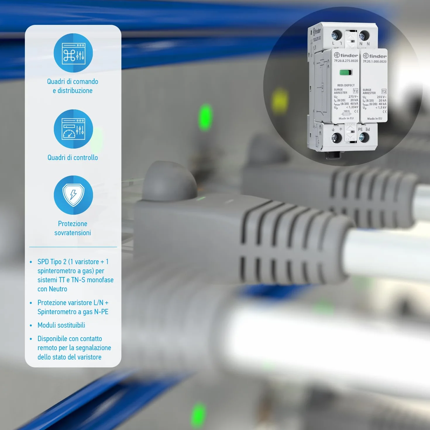 Finder Scaricatore di Sovratensione Tipo 2 7P.22 Protezione Varistore L-N Spinterometro Gas N-PE TT TN-S Monofase