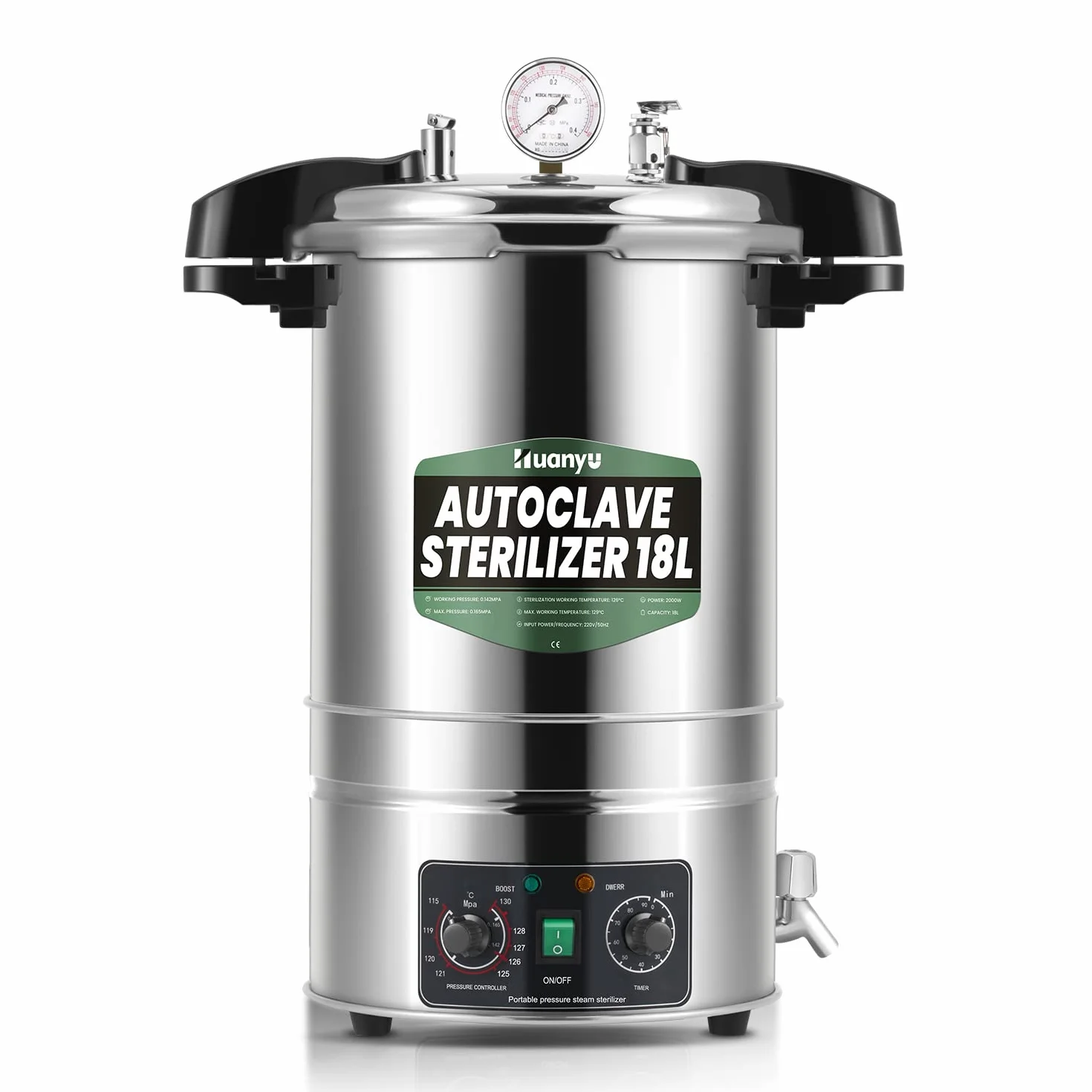 Huanyu 18L Autoclave Sterilizzatore Autoclave a vapore regolabile in temperatura e tempo Autoclavi elettriche da laboratorio Sterilizzatore a vapore ad alta pressione