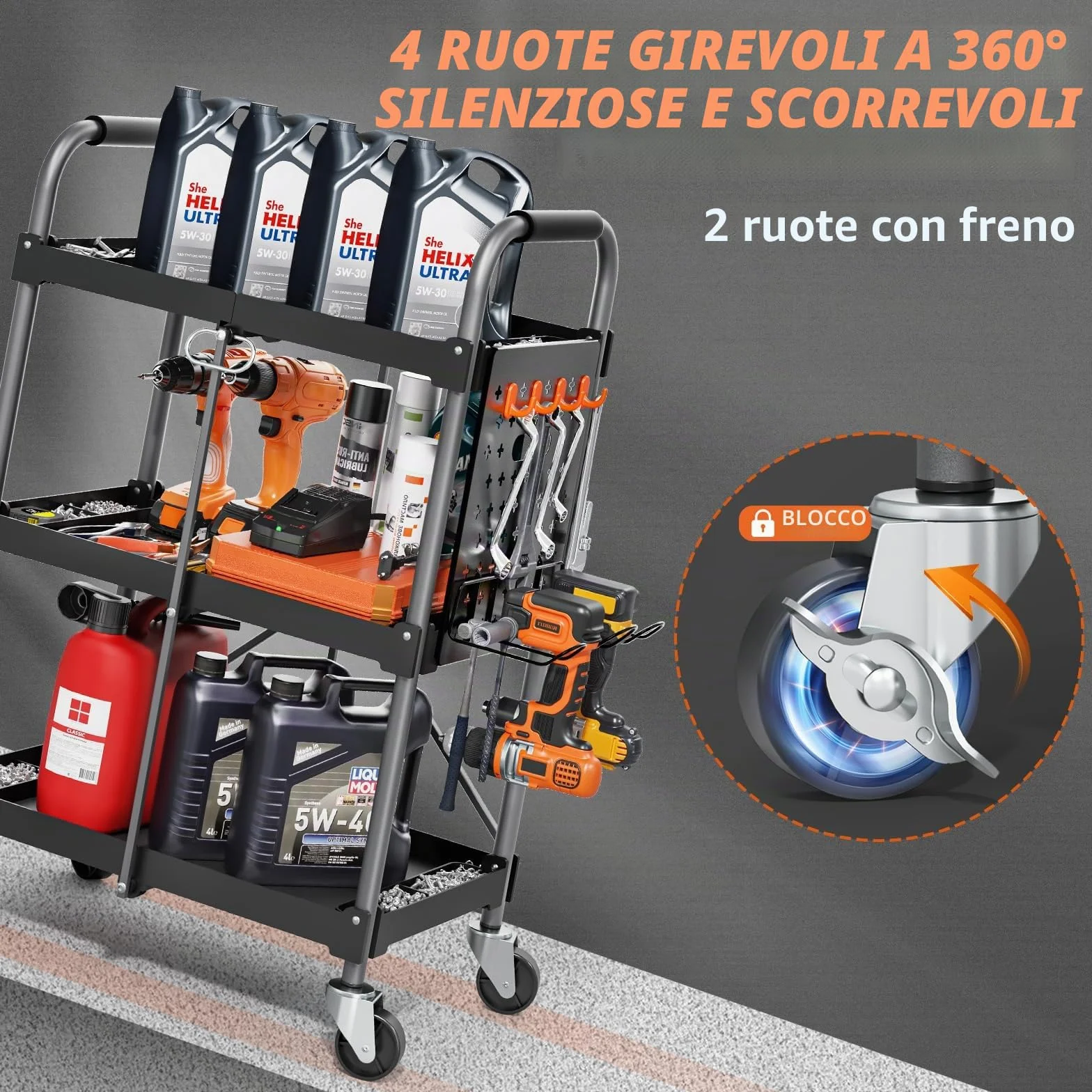 KINGRACK Carrello di Servizio Pieghevole a 3 Ripiani con Ruote e Maniglia Ergonomica, Carrello Portautensili Multiuso, Carrello Porta Attrezzi, Carrello Portaoggetti Casa Ufficio Garage Officina, Nero