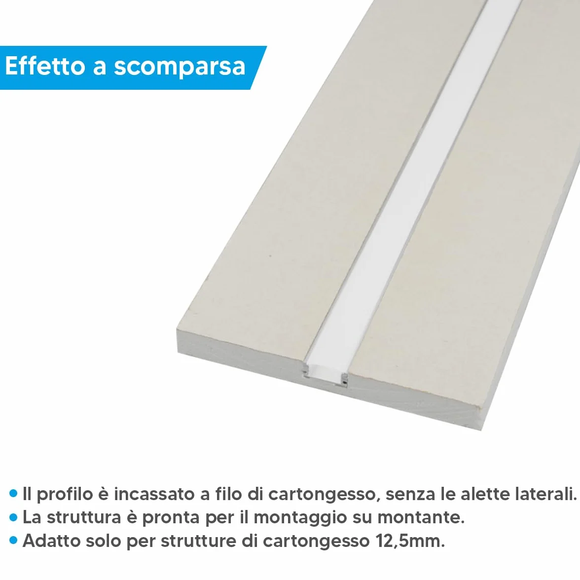 10pz Profilo in Alluminio 2mt per Strisce LED Integrato in Lastra di Cartongesso 12,5mm - Struttura pronta da incasso e montaggio con copertura opaca