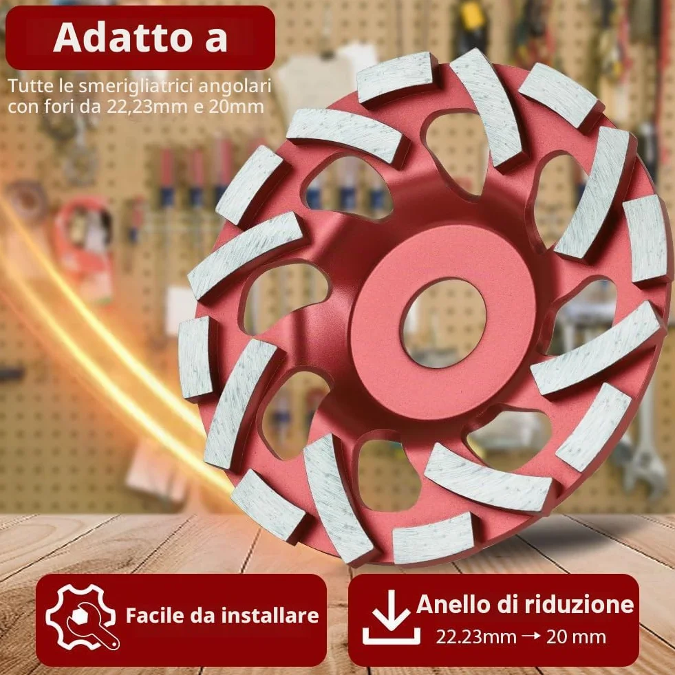 Mola a Tazza Diamantata Disco Diamantato 125 x 22,23 mm, Disco Abrasivo Diamantato per levigare Cemento Mattoni Muratura Granito Pietra Intonaco Gesso Qualità Industriale (Rosso)