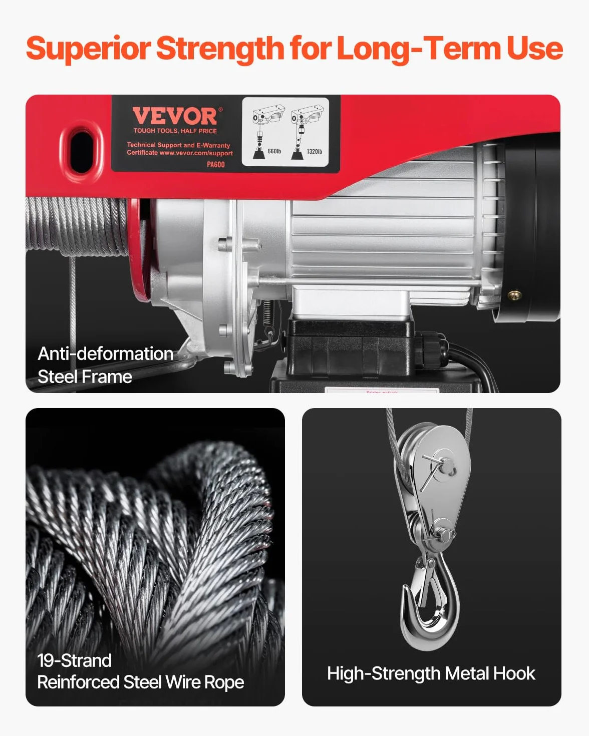 VEVOR Paranco Elettrico Doppio Cavo Carico max. 600kg, Telecomando a Filo 4,2m, Altezza di Sollevamento Cavo Singolo 12m, Paranco Arresto di Emergenza, Sollevatore per Garage, Magazzino, Fabbrica