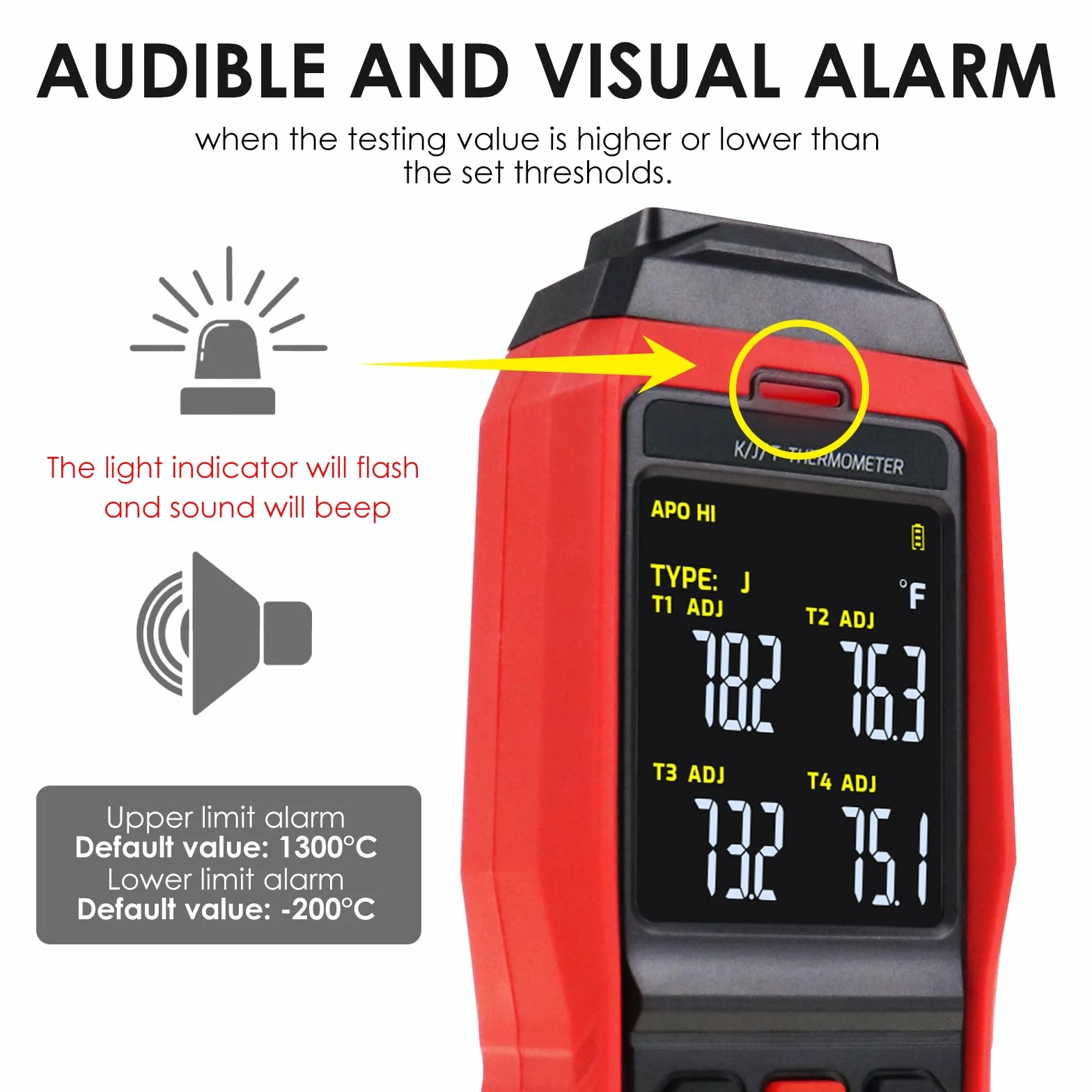 Termometro a Termocoppia Digitale Data Logger 4 Canali tipo K/J/T -200~1372°C Misuratore di Temperatura con Allarme