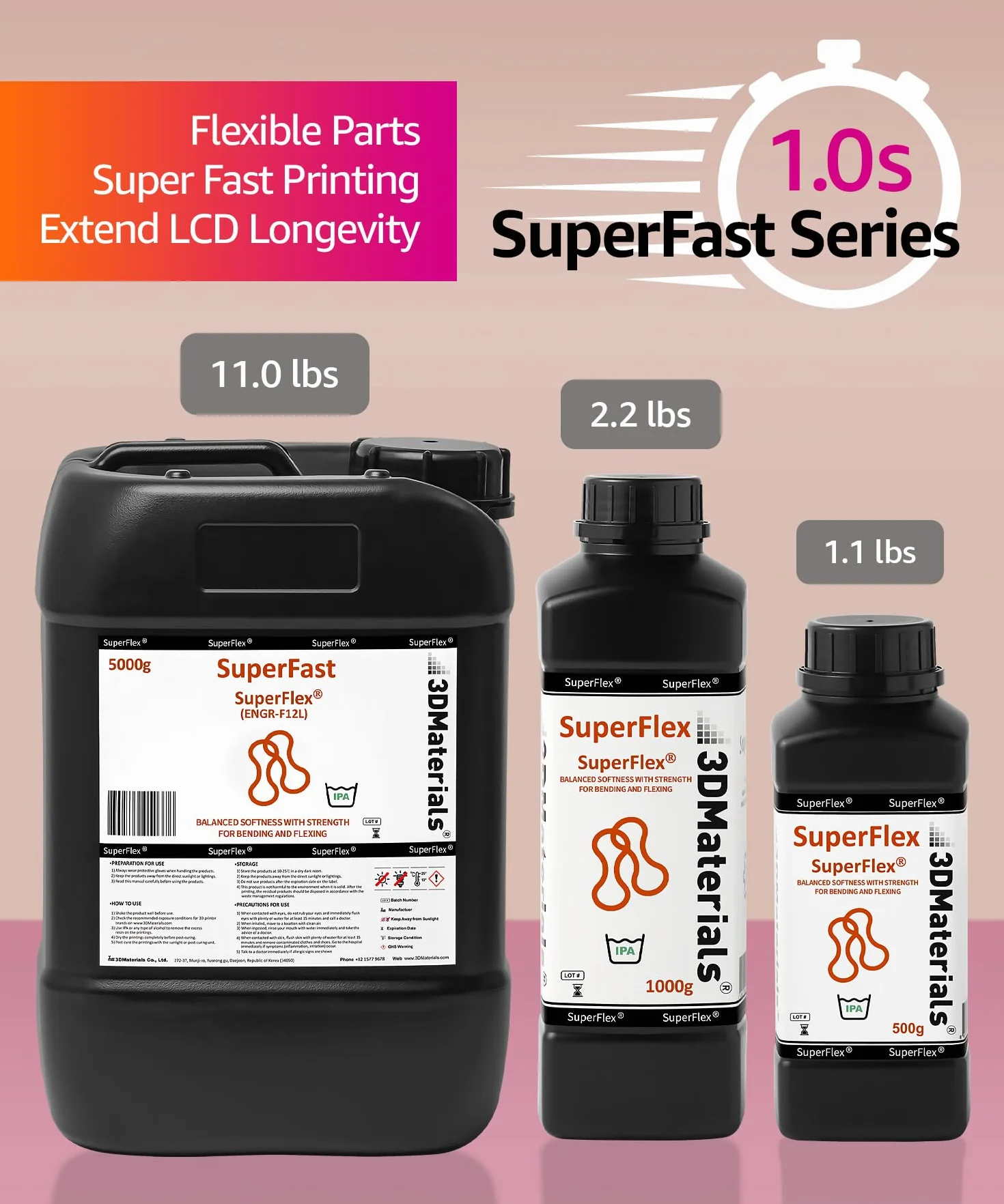 SuperFlex Resina per stampante 3D, Morbidezza 80A che simula la gomma flessibile, Prodotta in Corea da 3DMaterials (5000g, Trasparente)