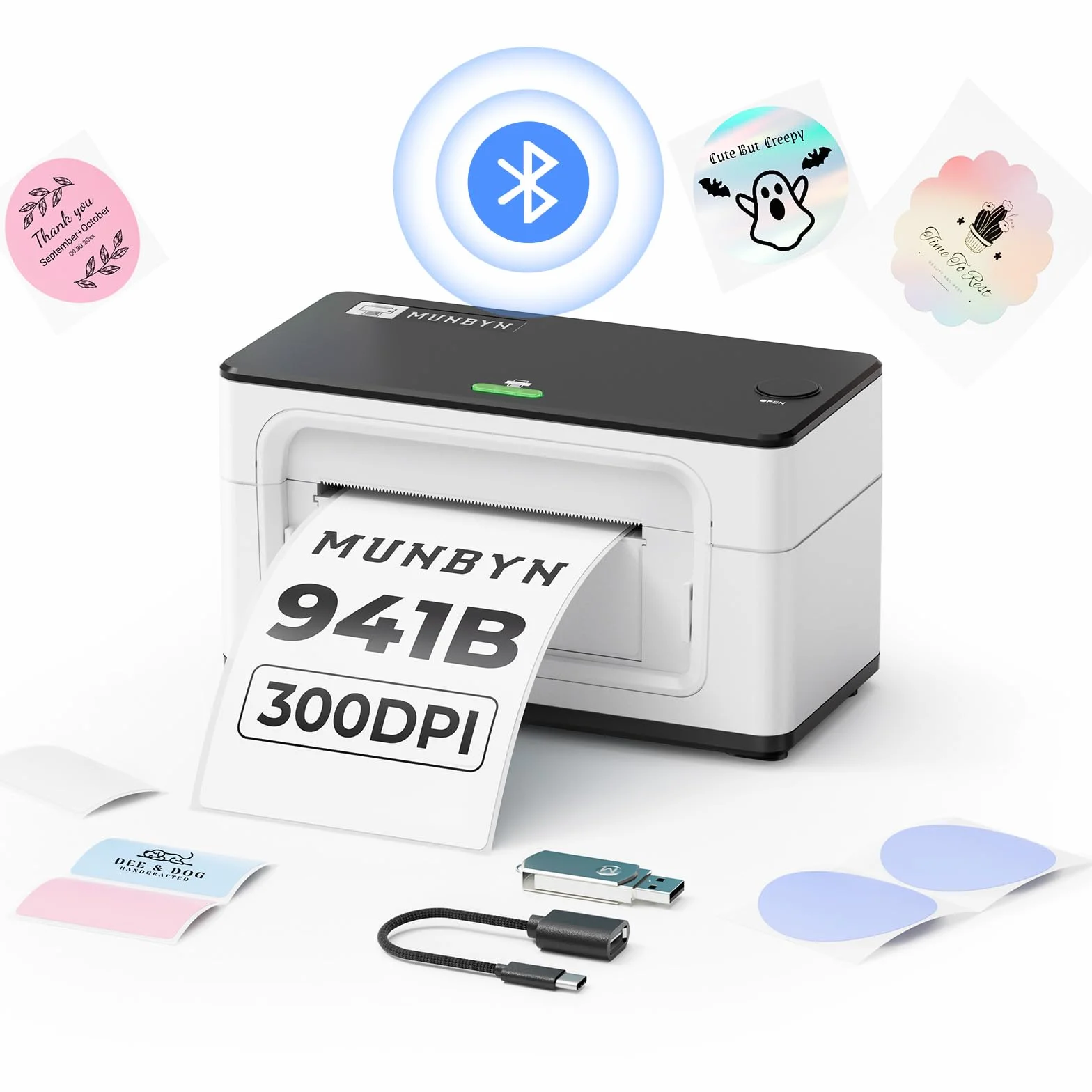 MUNBYN 300DPI Bluetooth Stampante Etichette Spedizione 4x6 per Spedizioni Affrancature Indirizzi uso domestico e piccole imprese, Compatibile con Etsy/Shopify/Amazon/FedEx/UPS, 941BP, Bianco