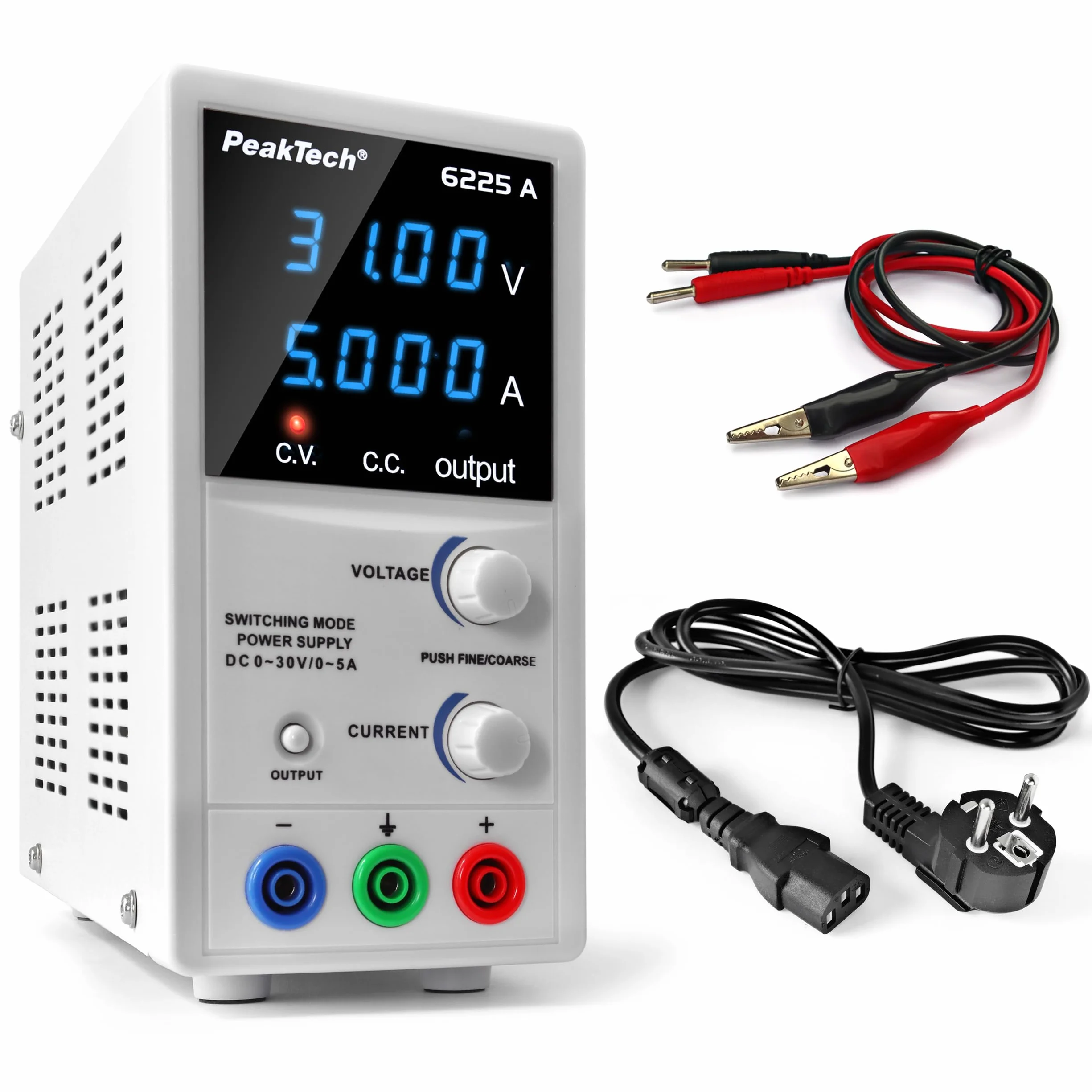 Peaktech 6225 a 1 - Alimentatore da Laboratorio Dc 0-30V/0-5A, Display a LED a 4 Cifre Regolabile, Alimentatore a Commutazione Stabilizzata, Protezione da Sovraccarico e Cortocircuito