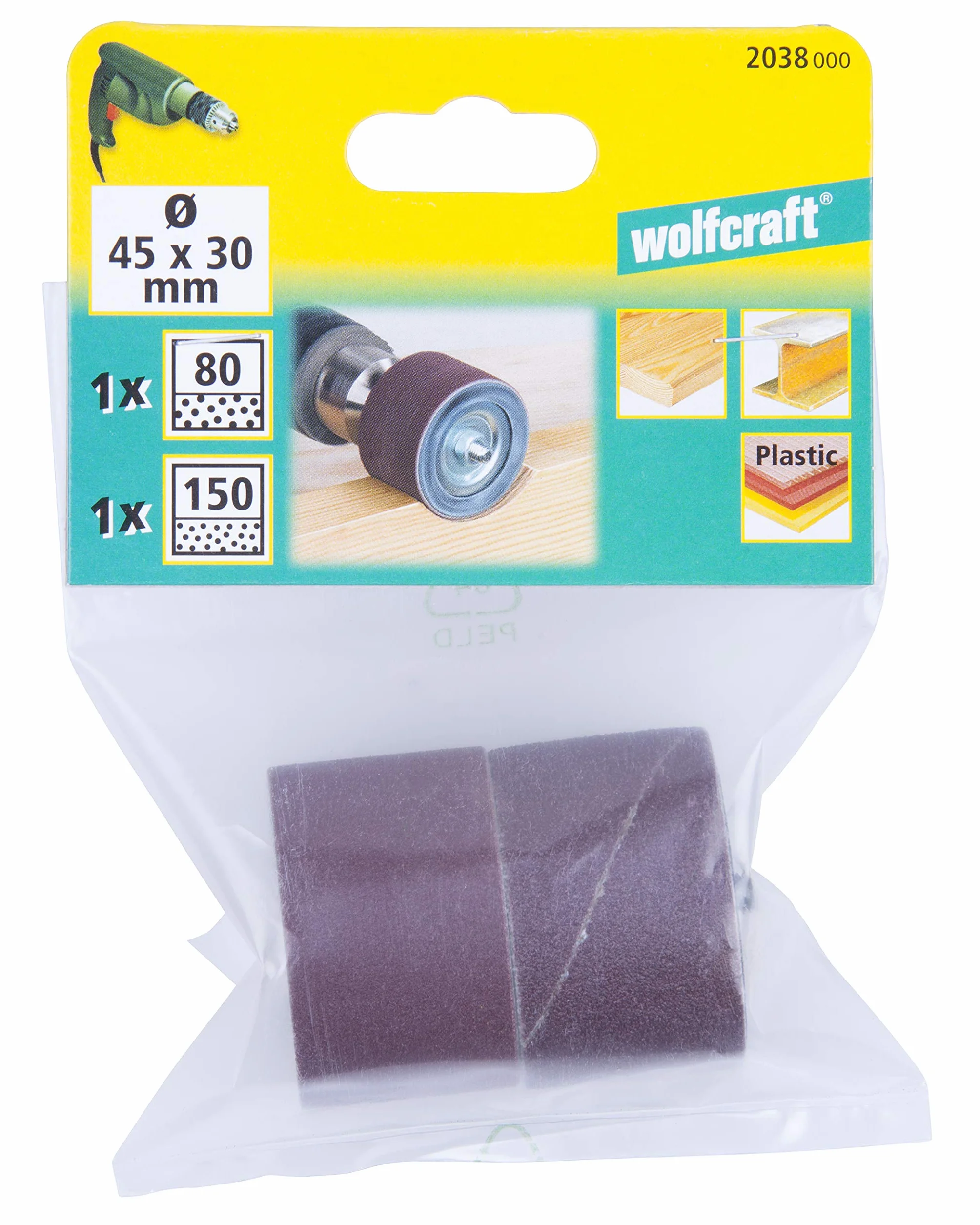 wolfcraft Cilindro abrasivo Ø 45 mm - Set con 2 nastri abrasivi I Grana 80, 150 I Per legno, metallo, plastica I Gambo cilindrico da 6 mm I Per trapani - 2038000