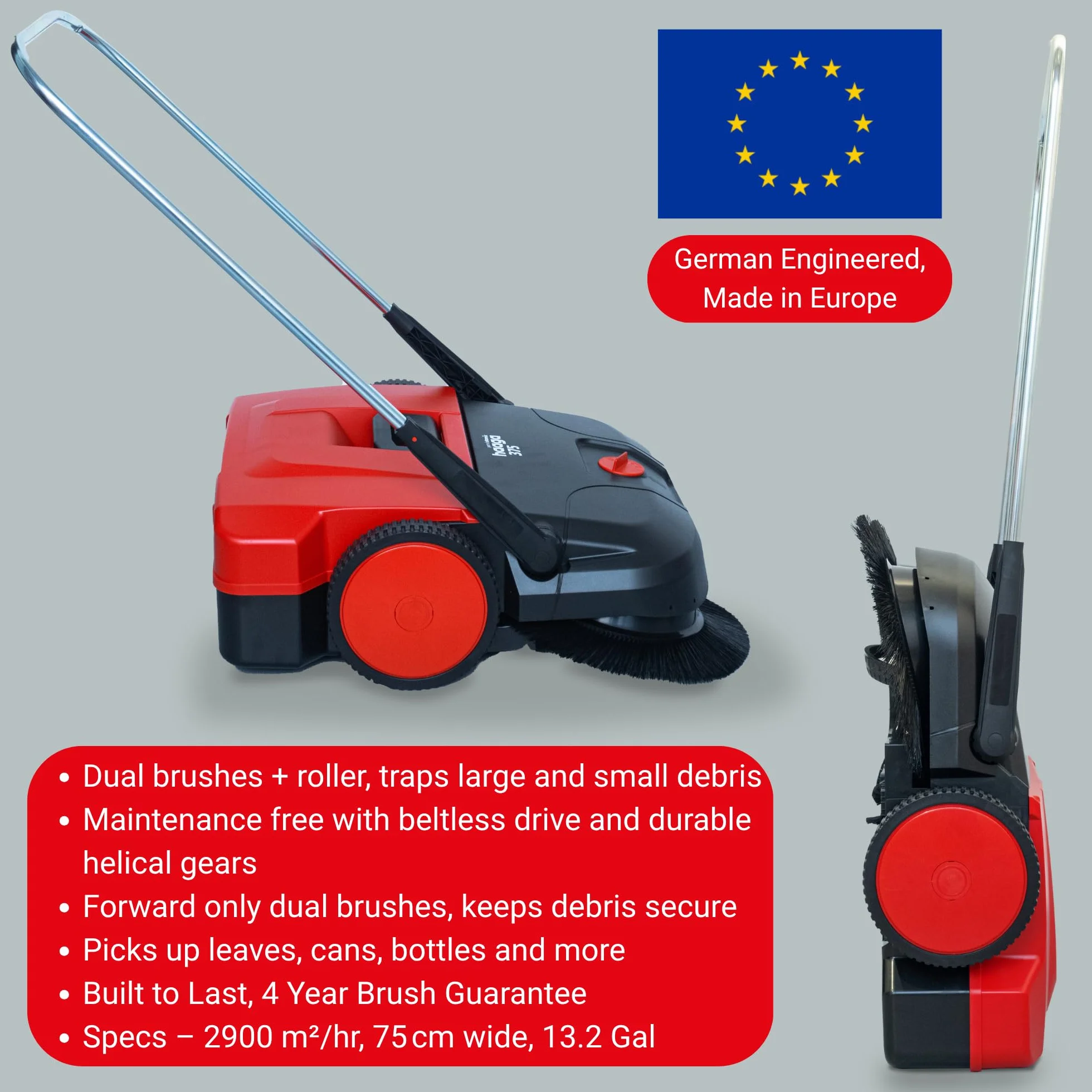 Haaga 101040 - Spazzatrice manuale 375 (ritorna foglie secche e bagnate, funzionamento senza cinghie, peso ridotto, potenza di spazzatura: 2900 m²/h)