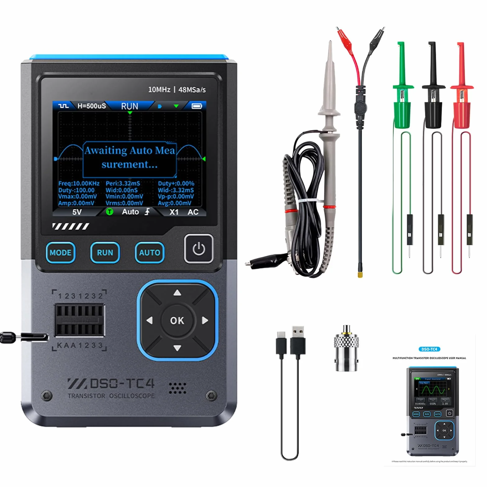 DSO TC4 Oscilloscopio, DSO-TC4 3-in-1 Oscilloscopio Portatile/Tester Transistor/Generatore di segnale, Larghezza di banda 10 MHz,Frequenza di campionamento 48 MSPS