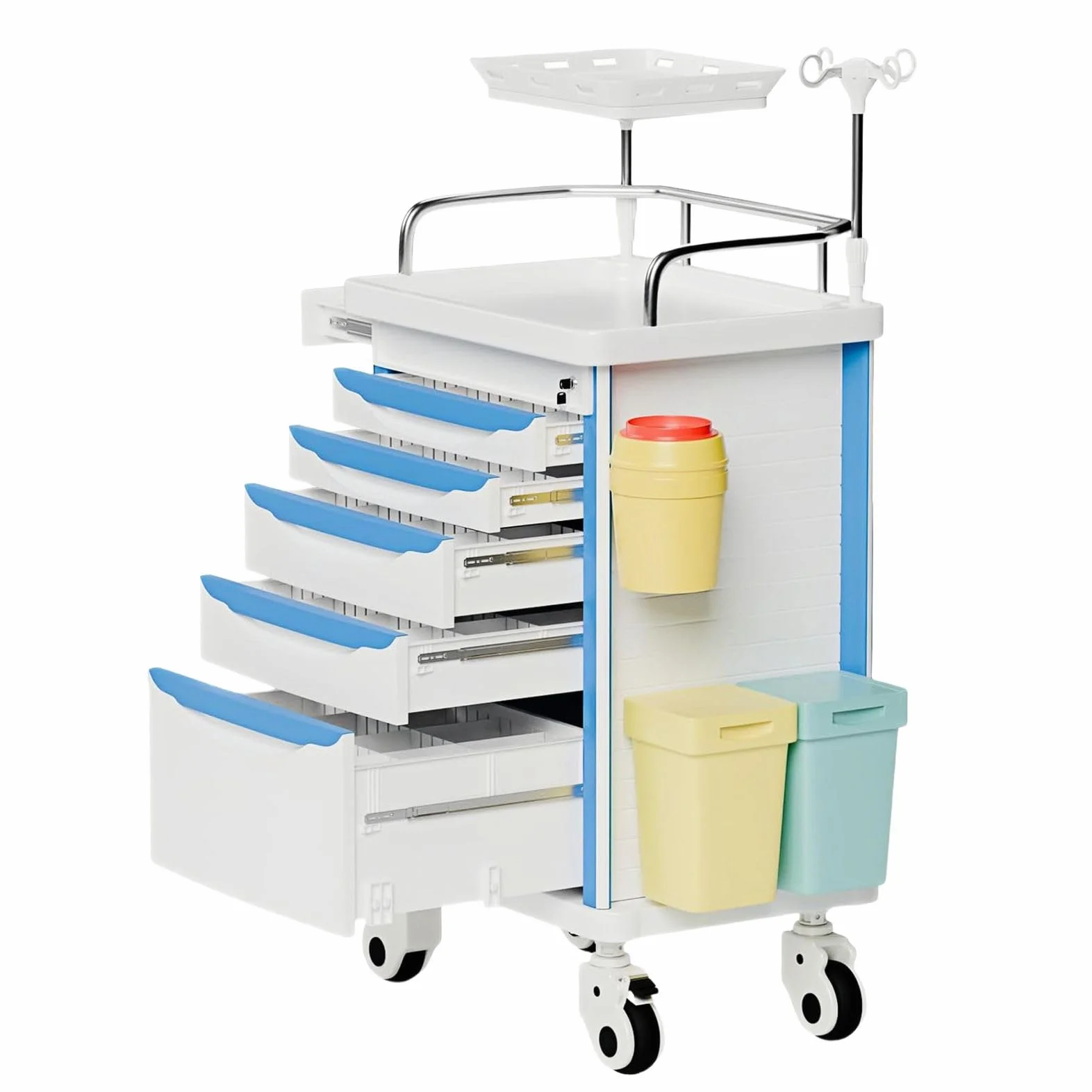 Carrello di emergenza con accessori IV Pole, scheda cardiaca, supporto O2, carrello mobile, bidone della spazzatura, cassetto per clinica, centro infermieristico, 76,2 cm L x 48,3 cm L x 96,5 cm H