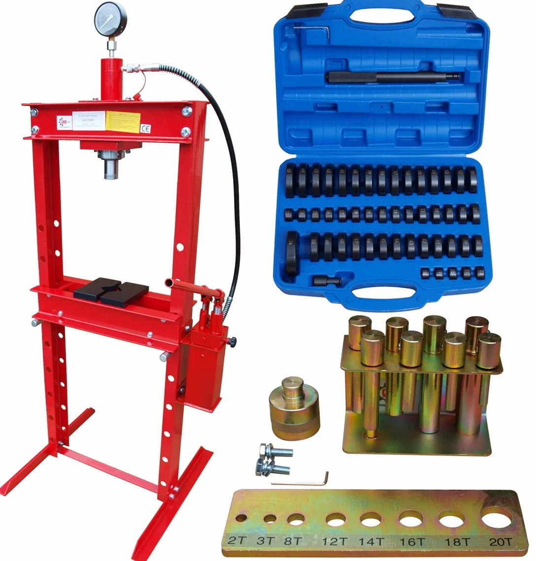 Carmax - Pressa da officina 20T con 2 pompe + raccordo a pressione, set da 52 pezzi + set di mandrini a pressione, 8 pezzi