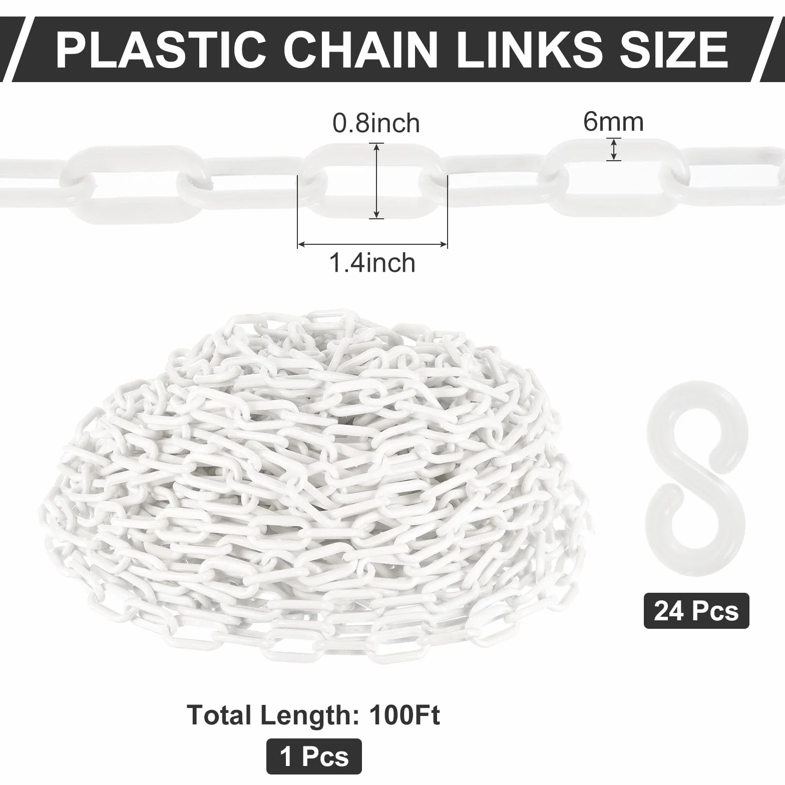 PATIKIL Catene di Plastica, 100 Piedi di Catene di Sicurezza, Bianche, Altezza 0,24"/6mm, con 24 Ganci di Plastica Bianchi per Barriere